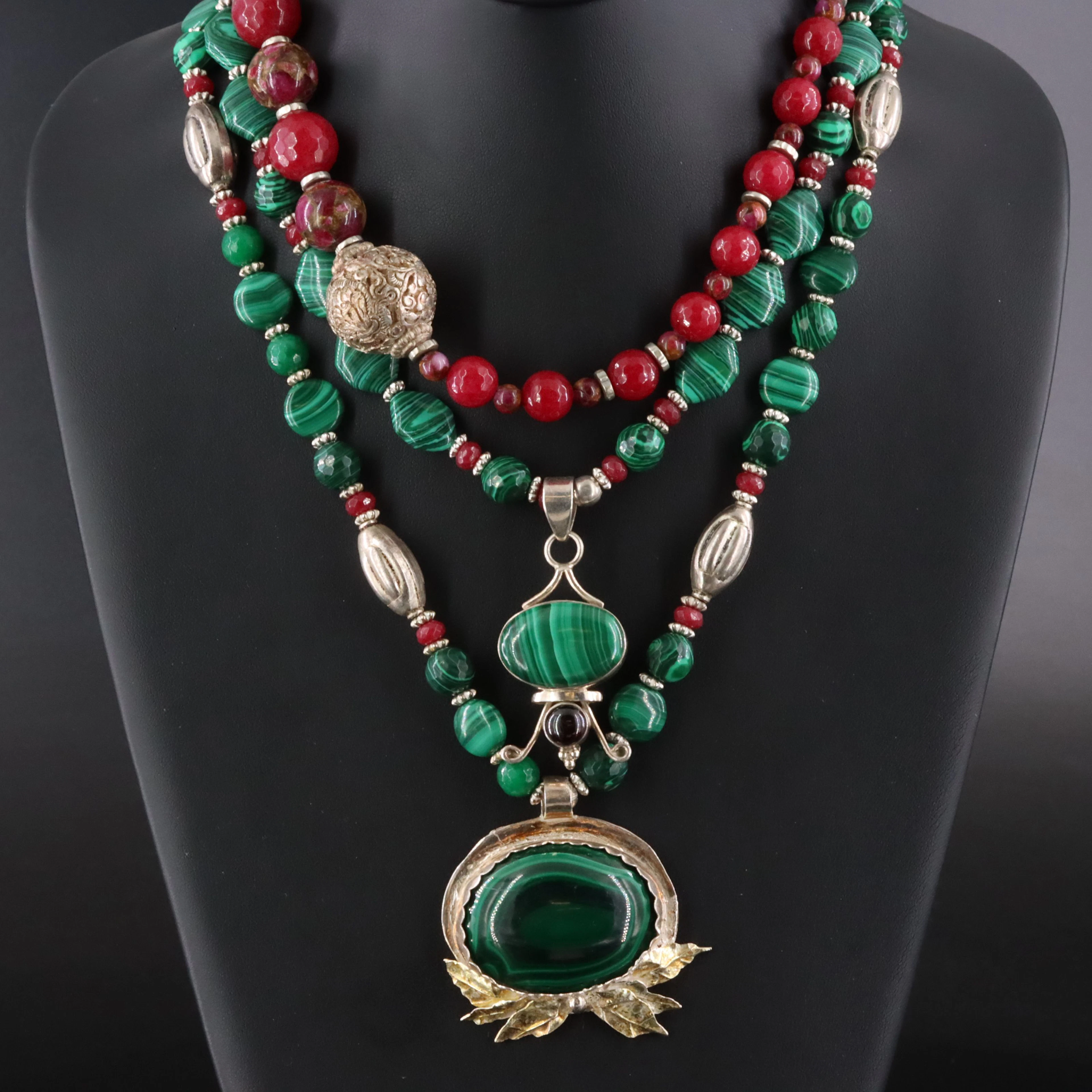 999 Silver, Malachite and Quartzite Featured in Necklaces