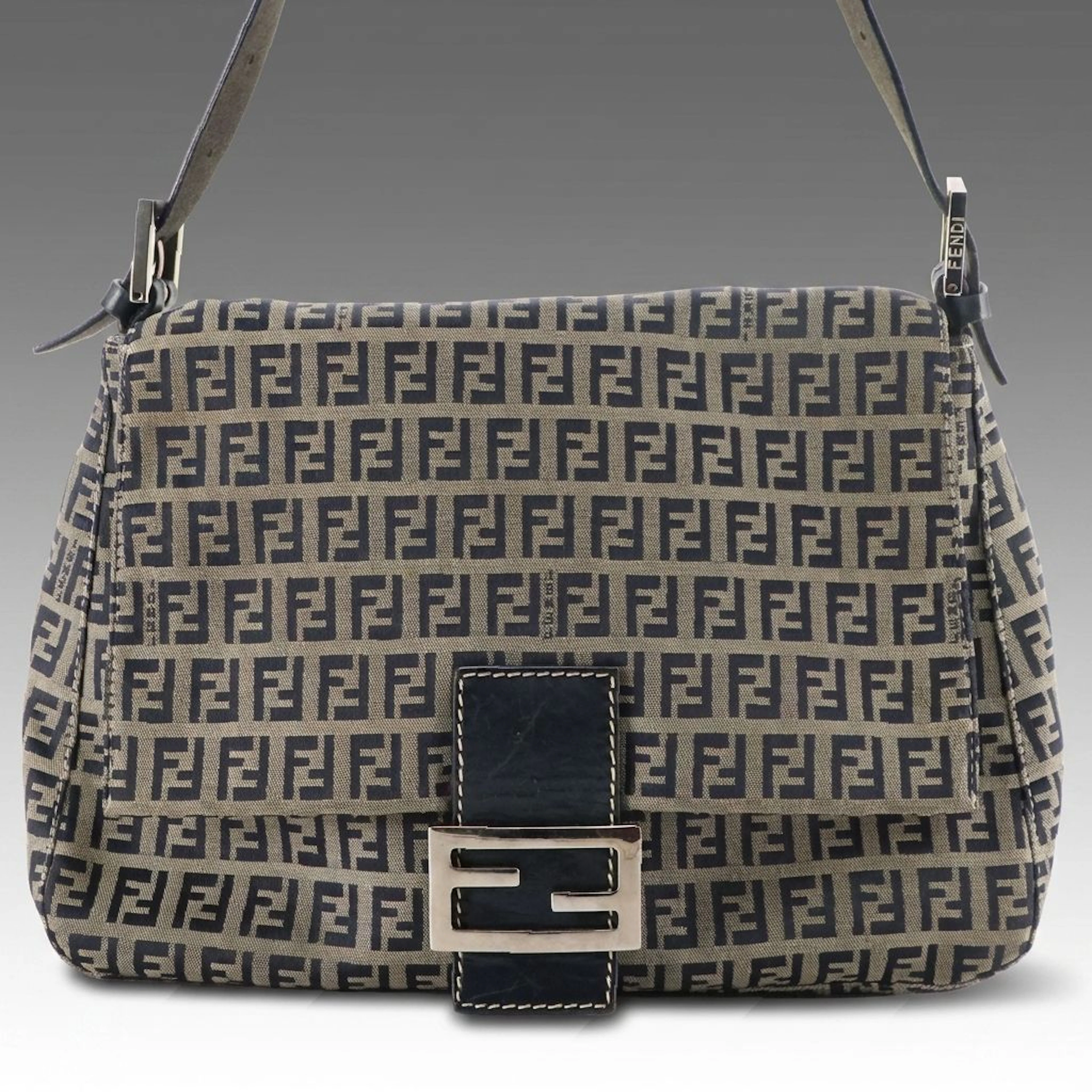 Fendi Mamma Baguette Shoulder Bag in Navy Blue Zucchino Canvas and Leather