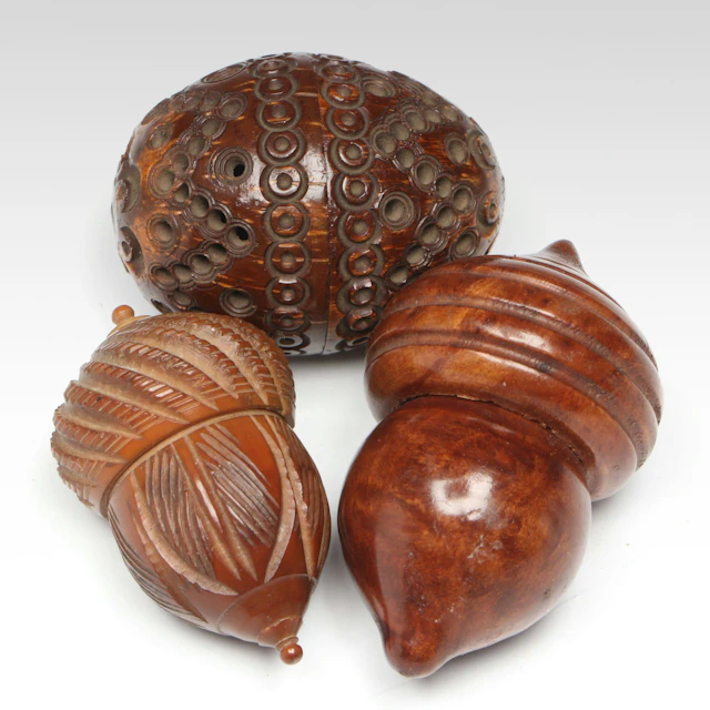 Victorian Ornate Carved Coquilla Nut Egg and Acorn Shaped Thimble Boxes