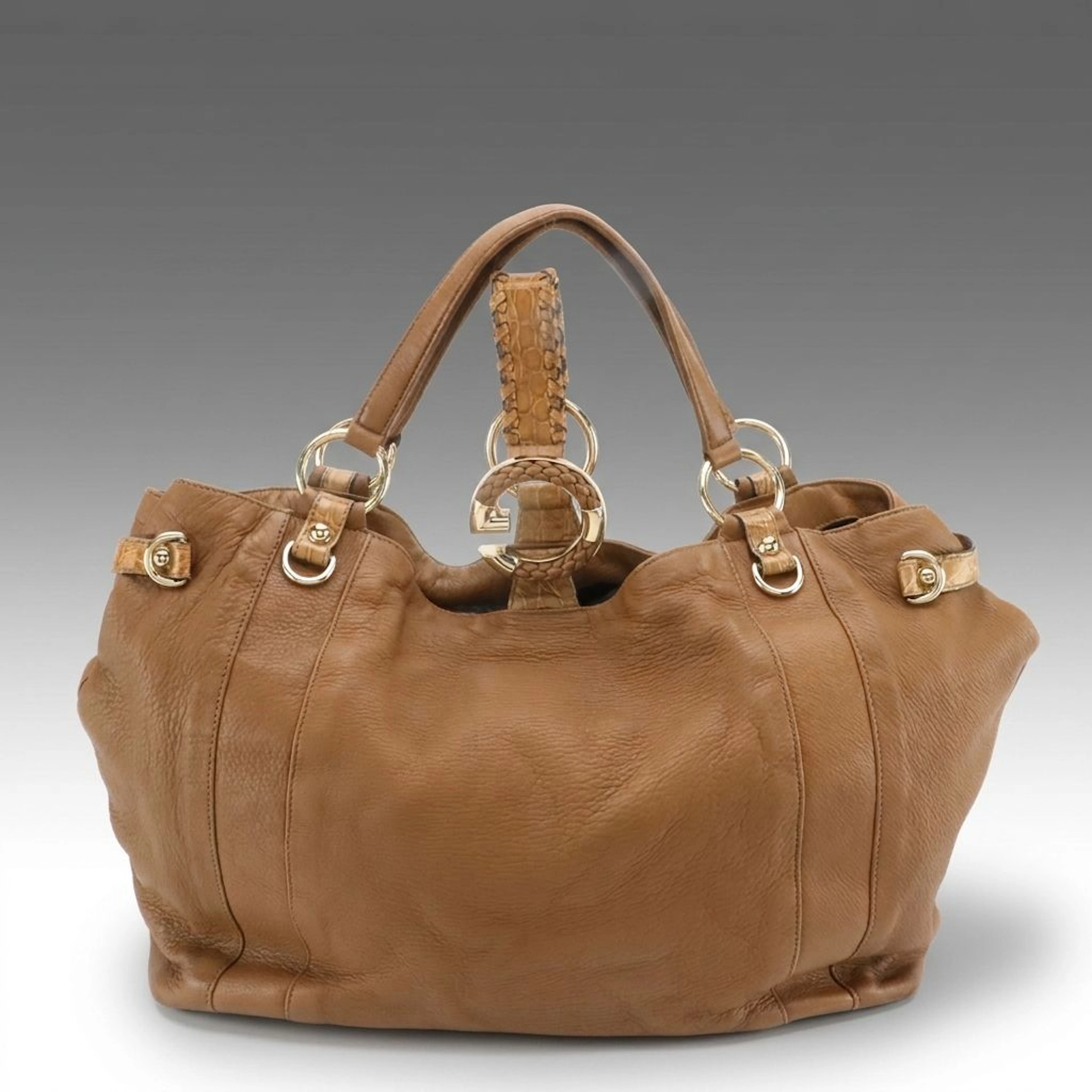 Gucci Brown Calfskin Leather G Wave Hobo Bag with Braided Leather Ring