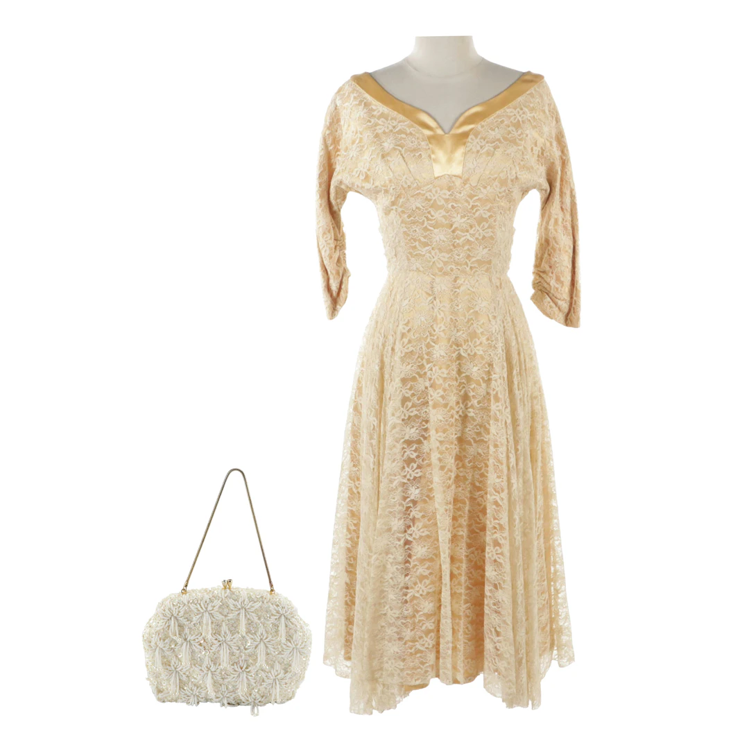 Nude Lace 3/4th Sleeve Pleated Waist Midi Evening Dress & Other Beaded Handbag
