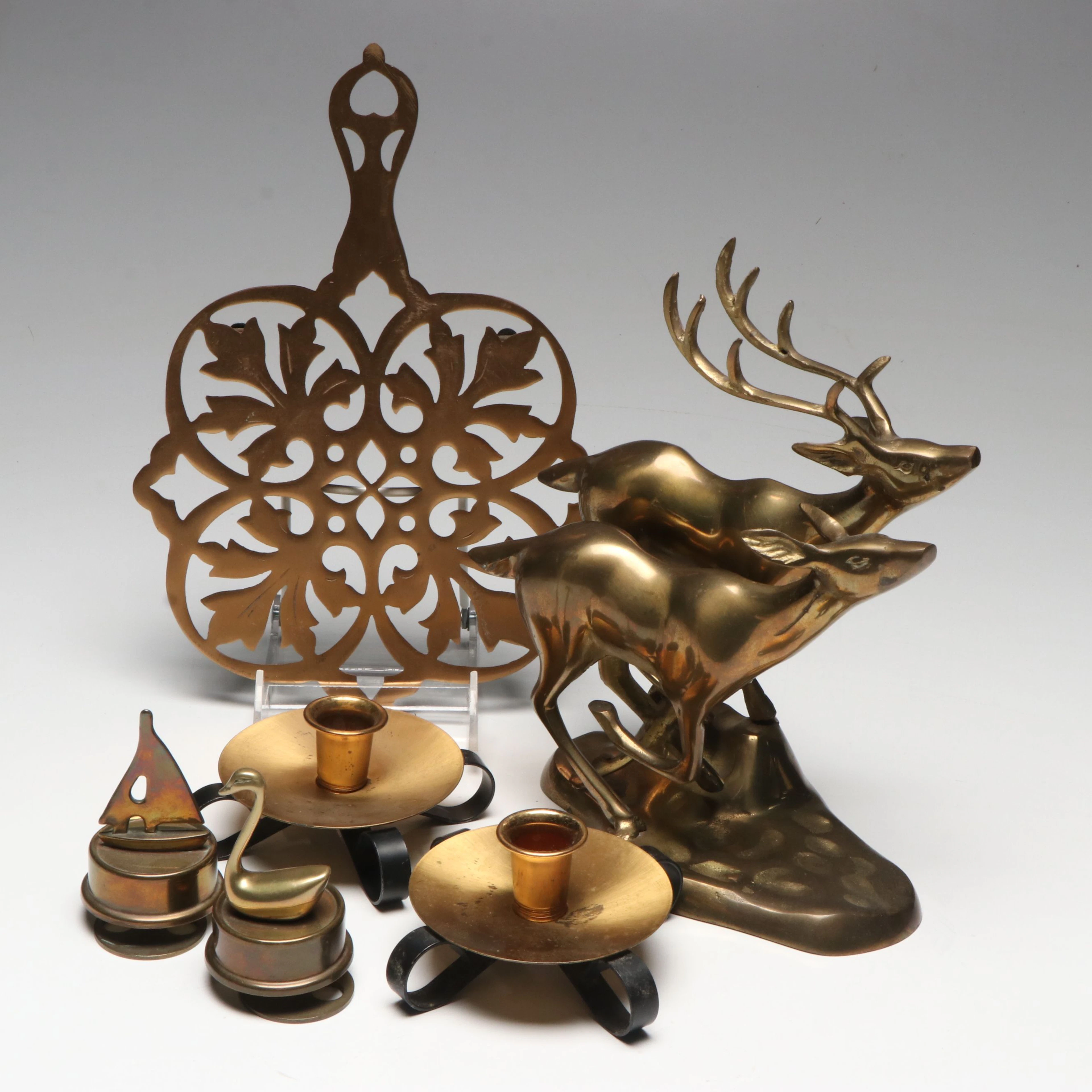 Brass Running Deer Figurine with Pierced Trivet and More Table Accessories