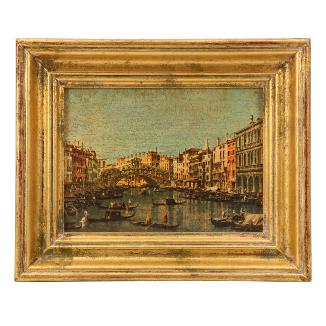 Embellished Offset Lithograph of the Rialto Bridge After Canaletto