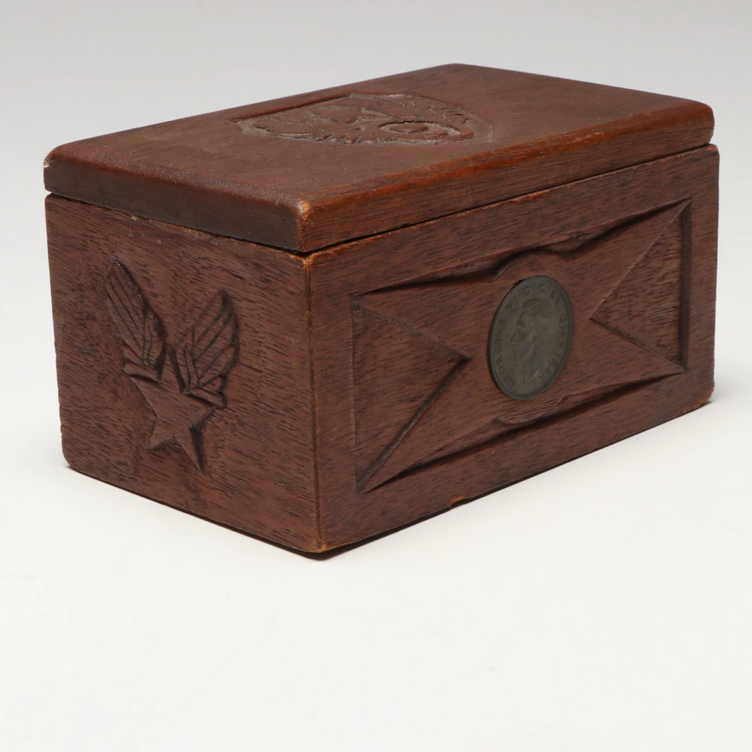 Ninth Air Force WWII Hand-Carved Wooden Box with Inlaid Coin, Circa 1940s