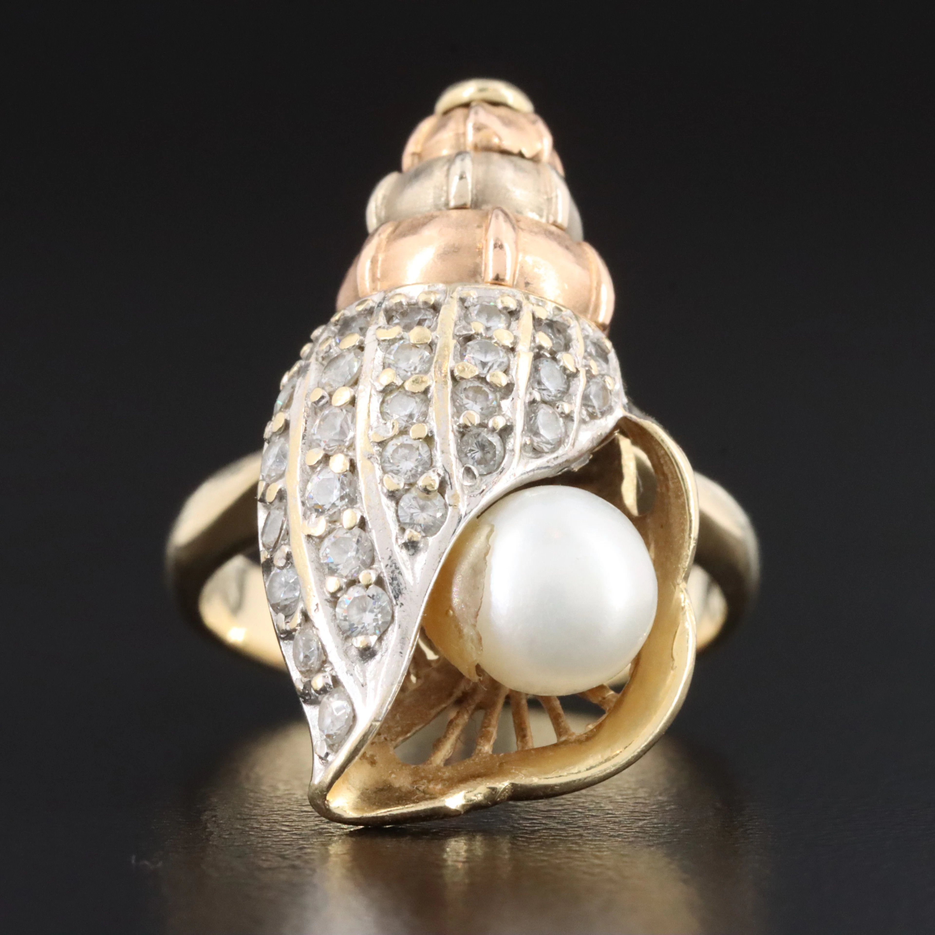 14K Tri-Color Articulated Pearl and CZ Shell Ring