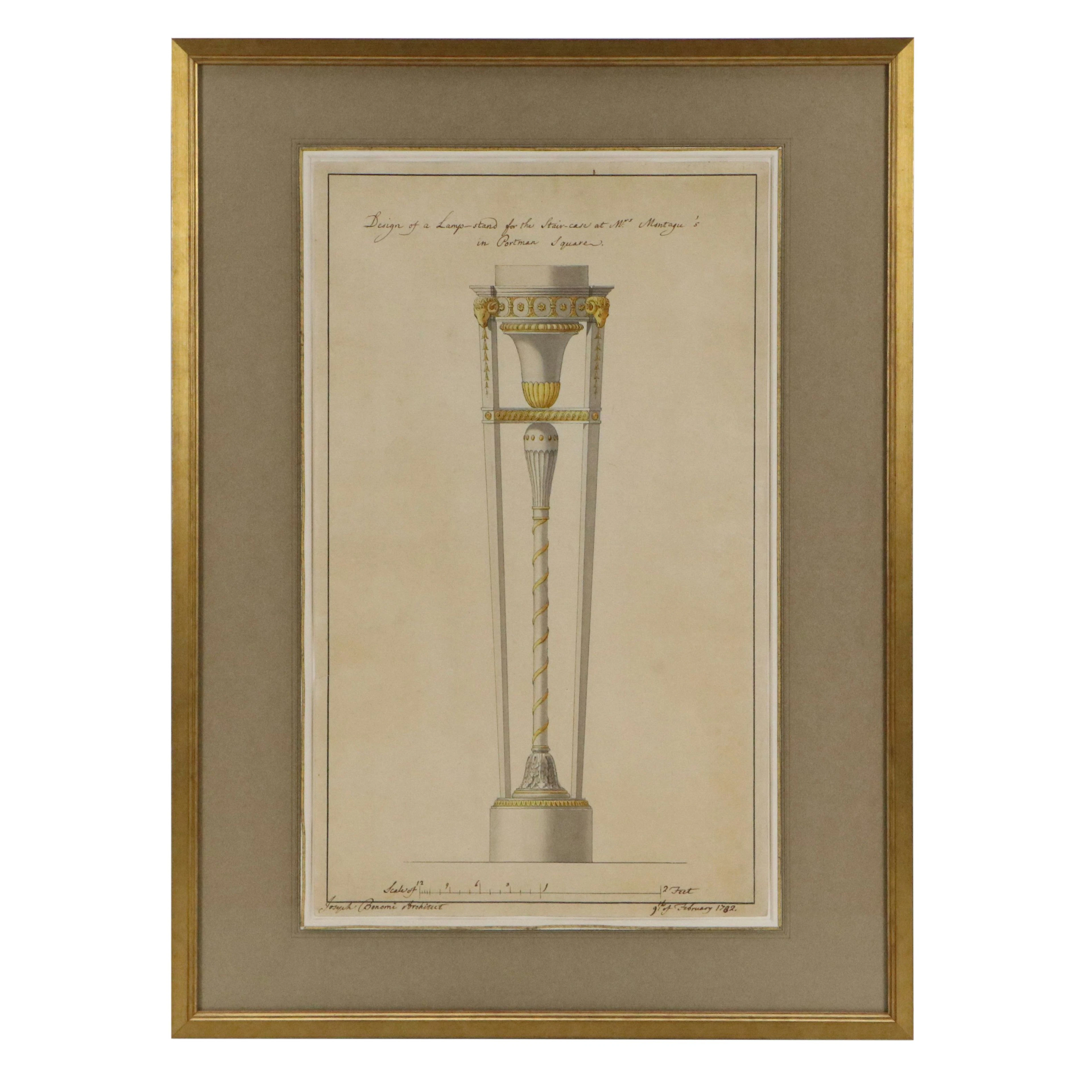 Joseph Bonomi Neoclassical Architectural Design Drawing of Lampstand, c. 1782