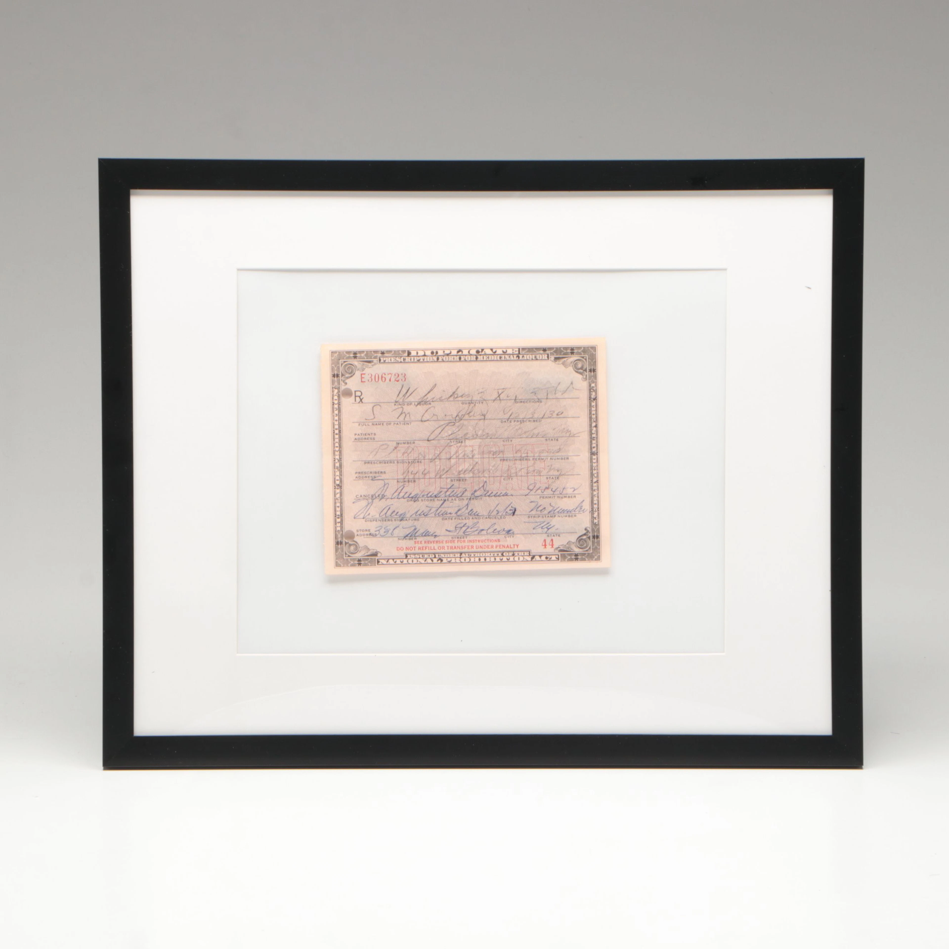 Prohibition Era Prescription Form for Whiskey, 1930