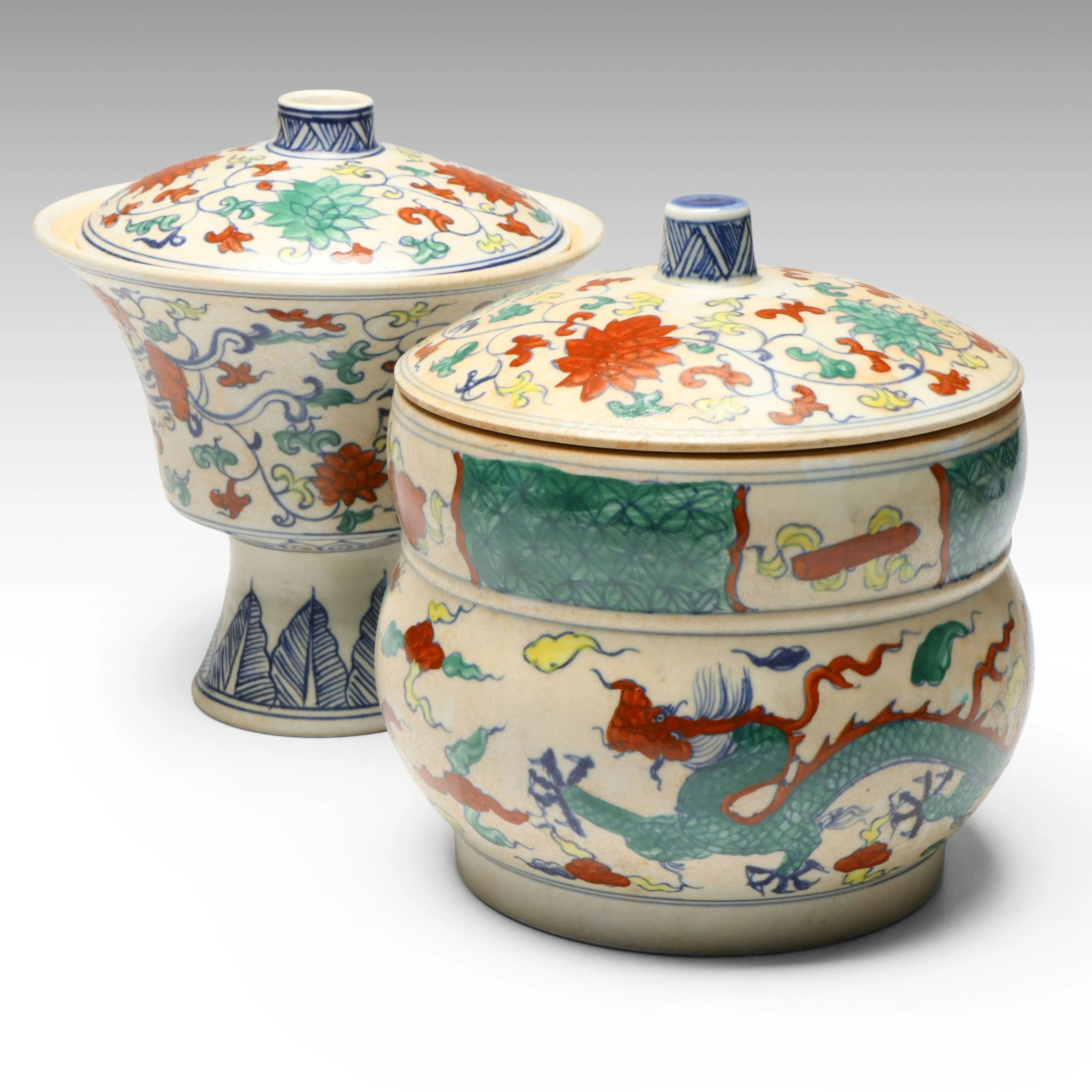 Chinese Ming Style Doucai Dragon Porcelain Lidded Jar and Bowl