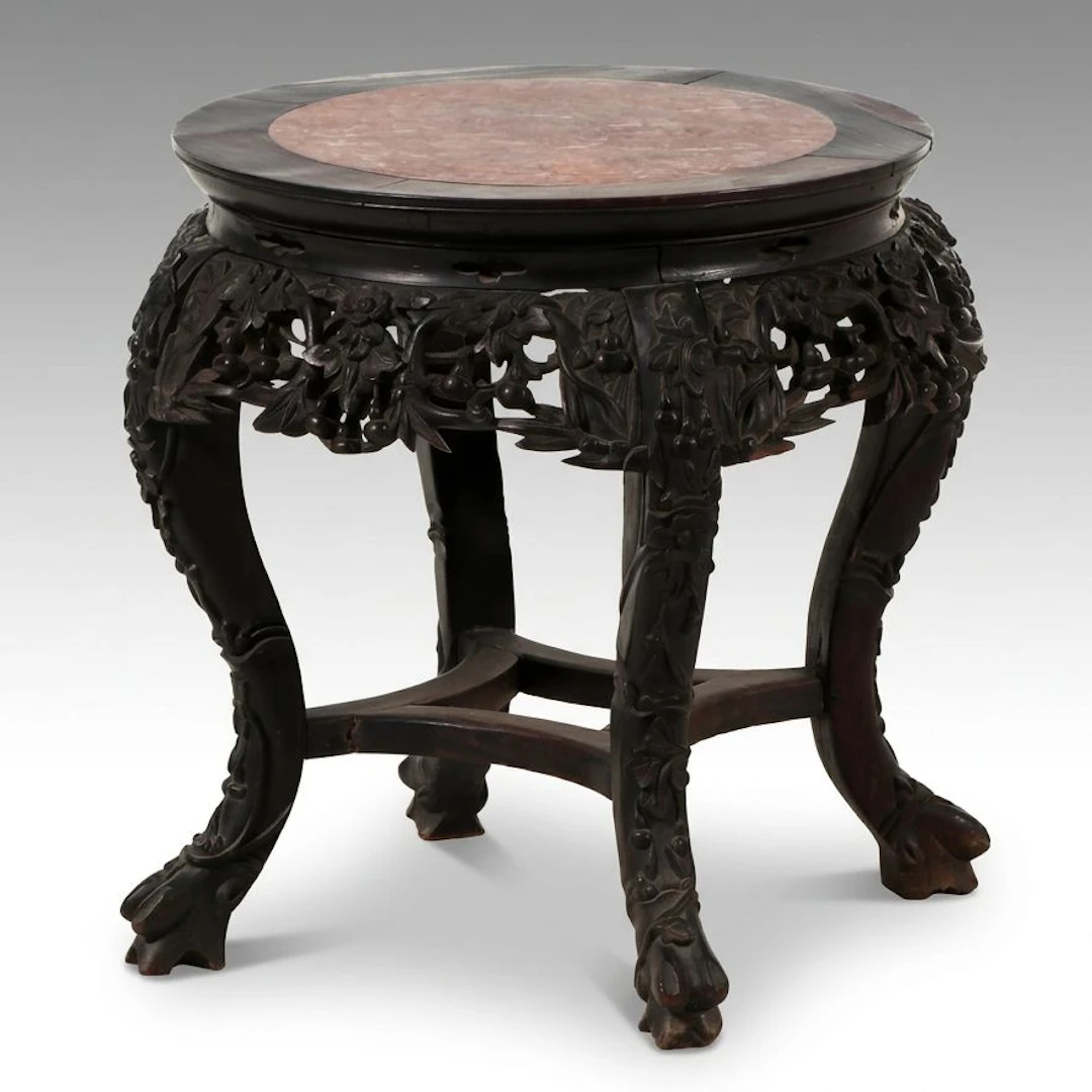 Chinese Carved Hardwood and Marble Pedestal Stand, Early 20th Century