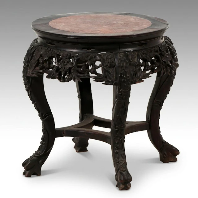 Chinese Carved Hardwood and Marble Pedestal Stand, Early 20th Century