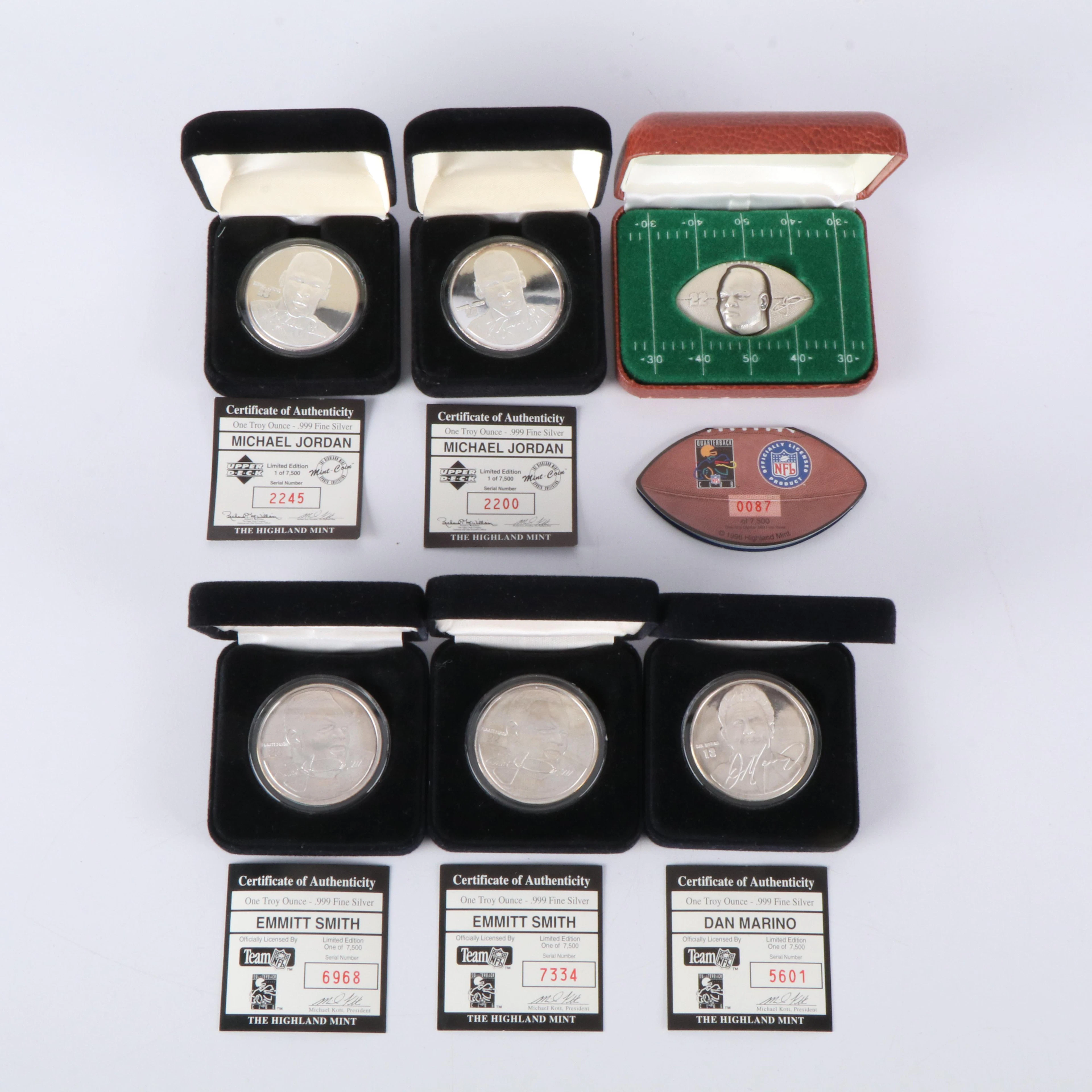 Dan Marino, Michael Jordan, and Emmitt Smith Limited Edition Silver Coins