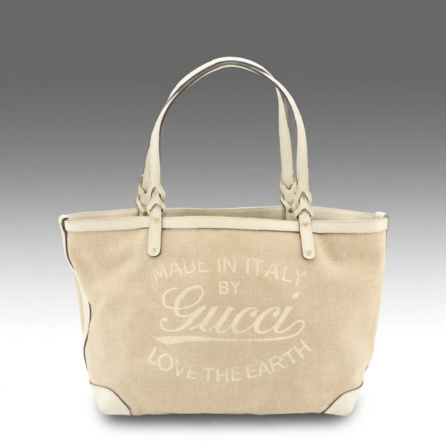 Gucci "Love The Earth" Print Woven Canvas and Ivory Leather Tote Bag