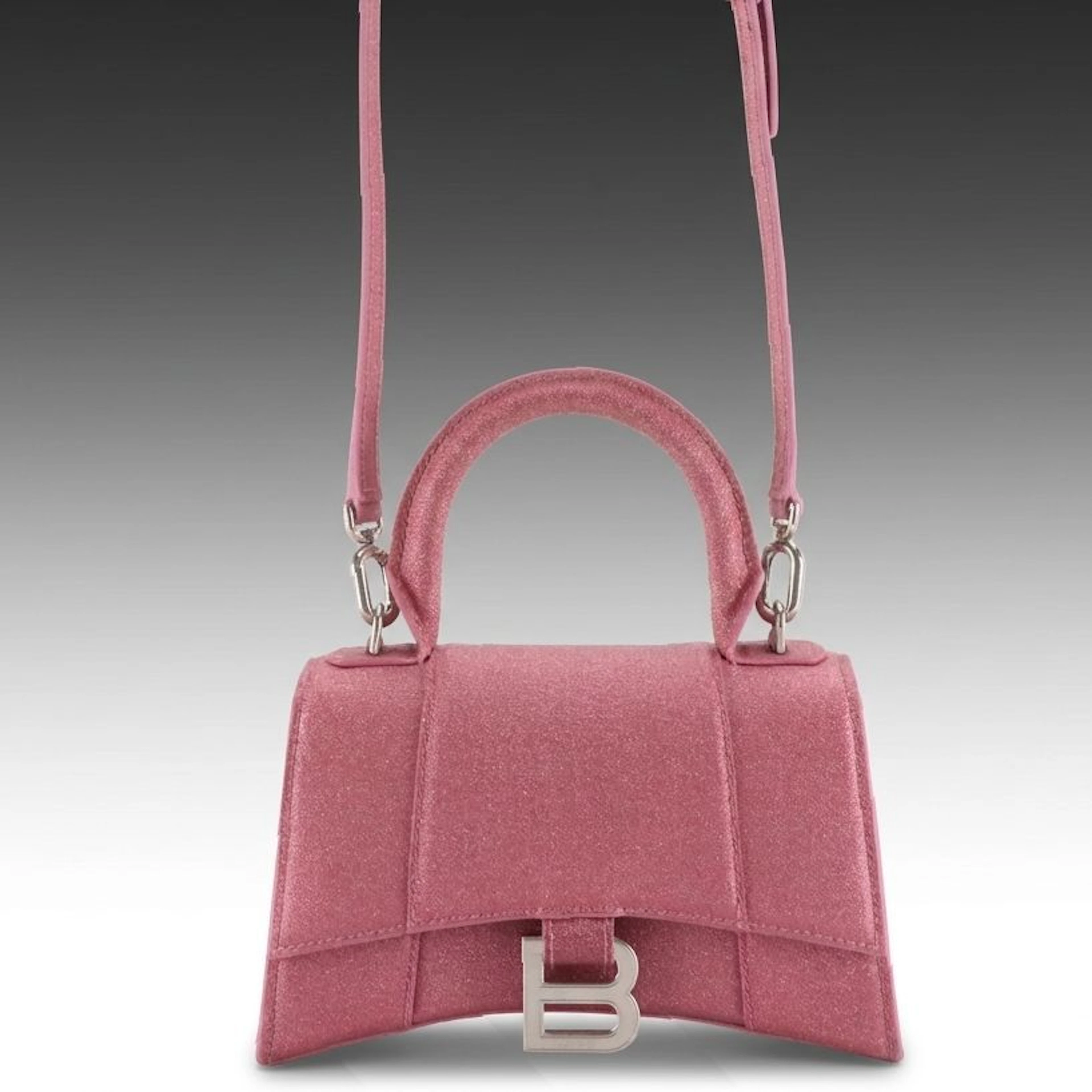 Balenciaga XS Hourglass Handbag in Pink Glitter Coated Canvas