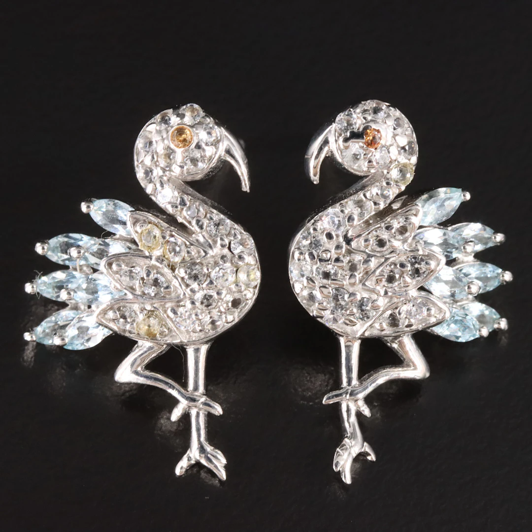 Sterling Flamingo Earrings Including Sapphire and Topaz