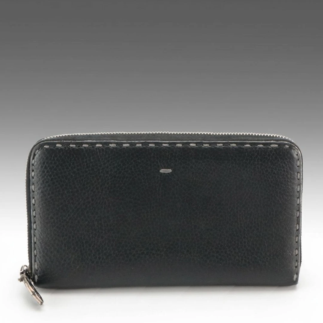 Fendi Selleria Zip-Around Continental Wallet in Black Calfskin Leather
