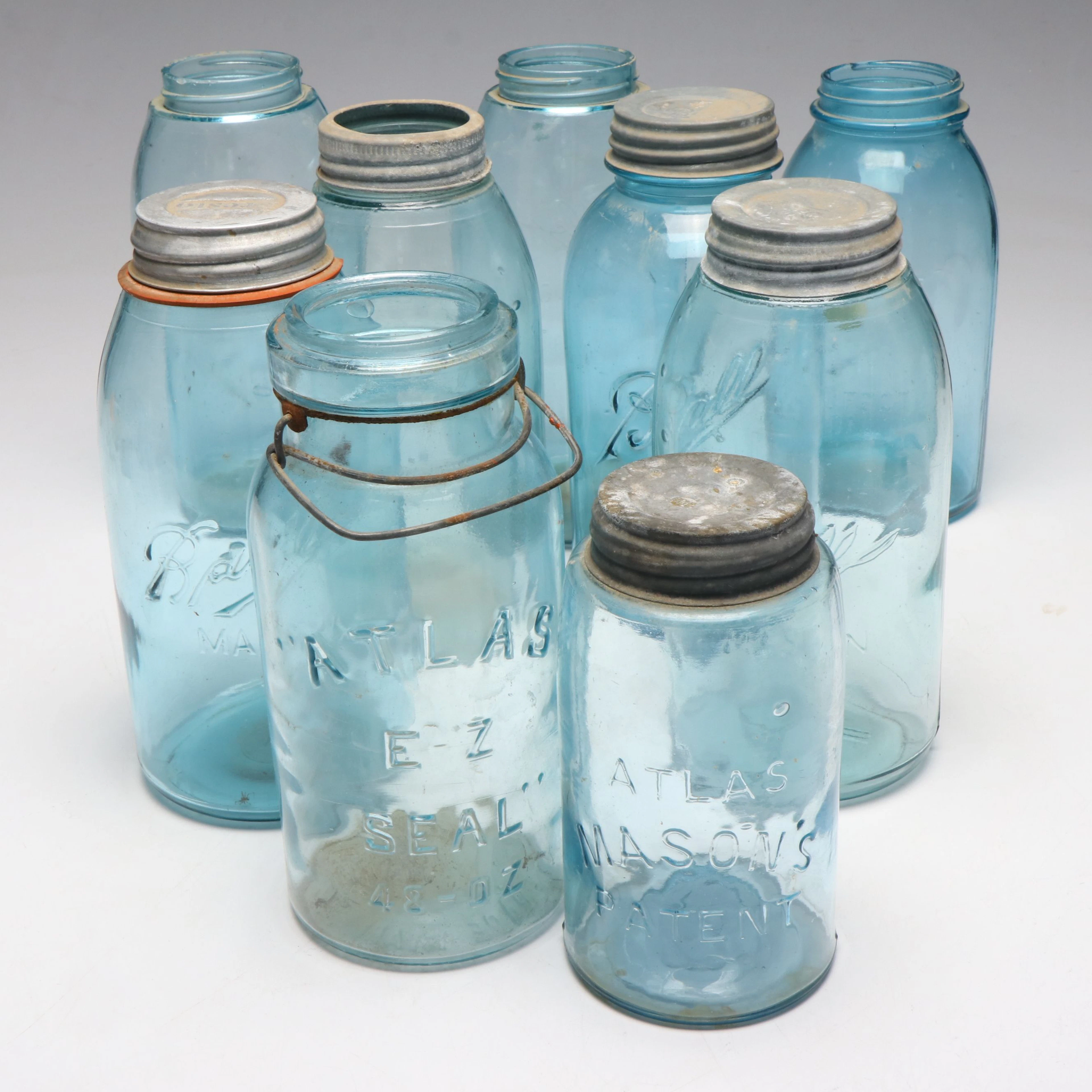 Ball Mason with Atlas E-Z Seal Blue Glass Jars, Early 20th Century