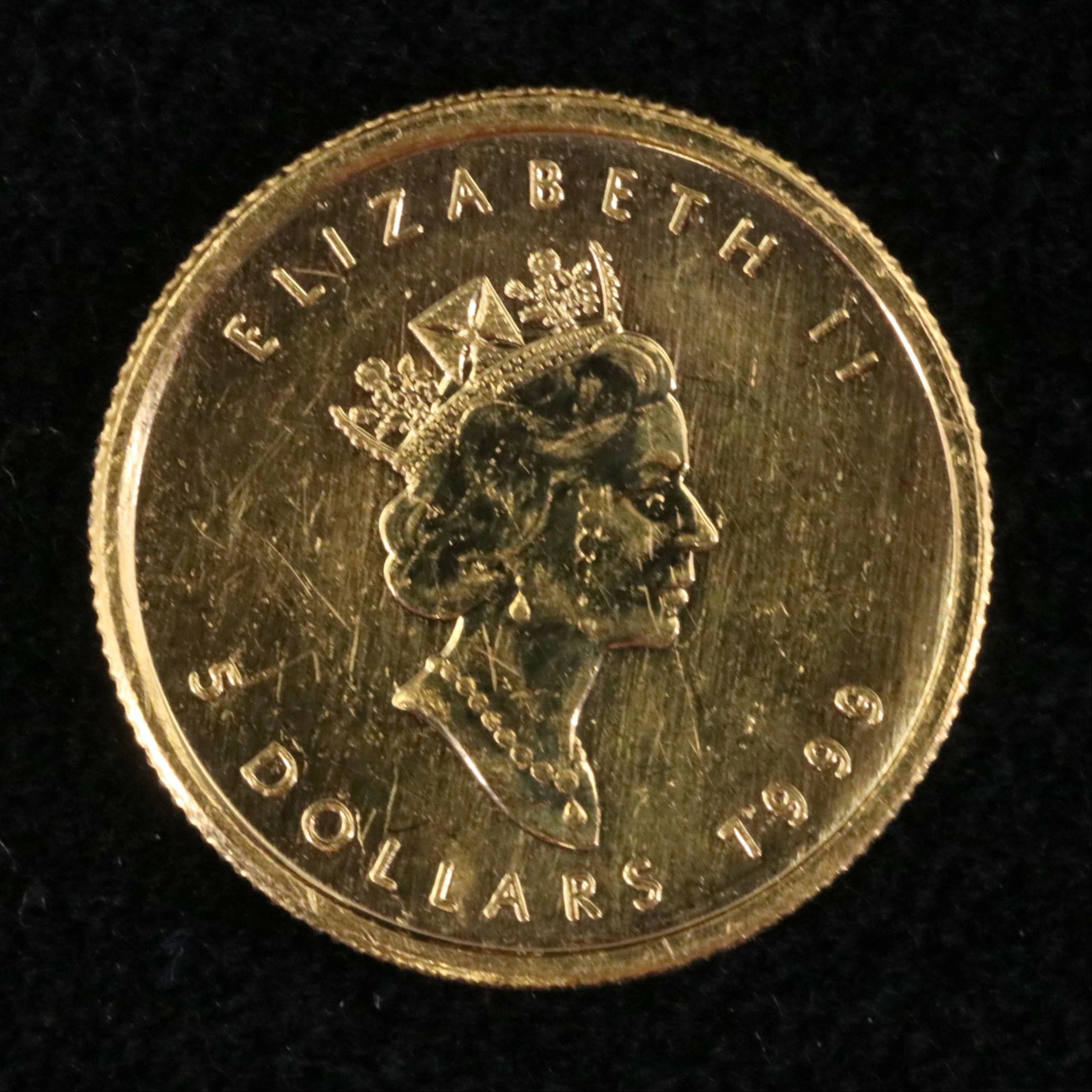 1999 Canada 1/10th-Oz. Fine Gold $5 Maple Leaf Bullion Coin, Privy Mark