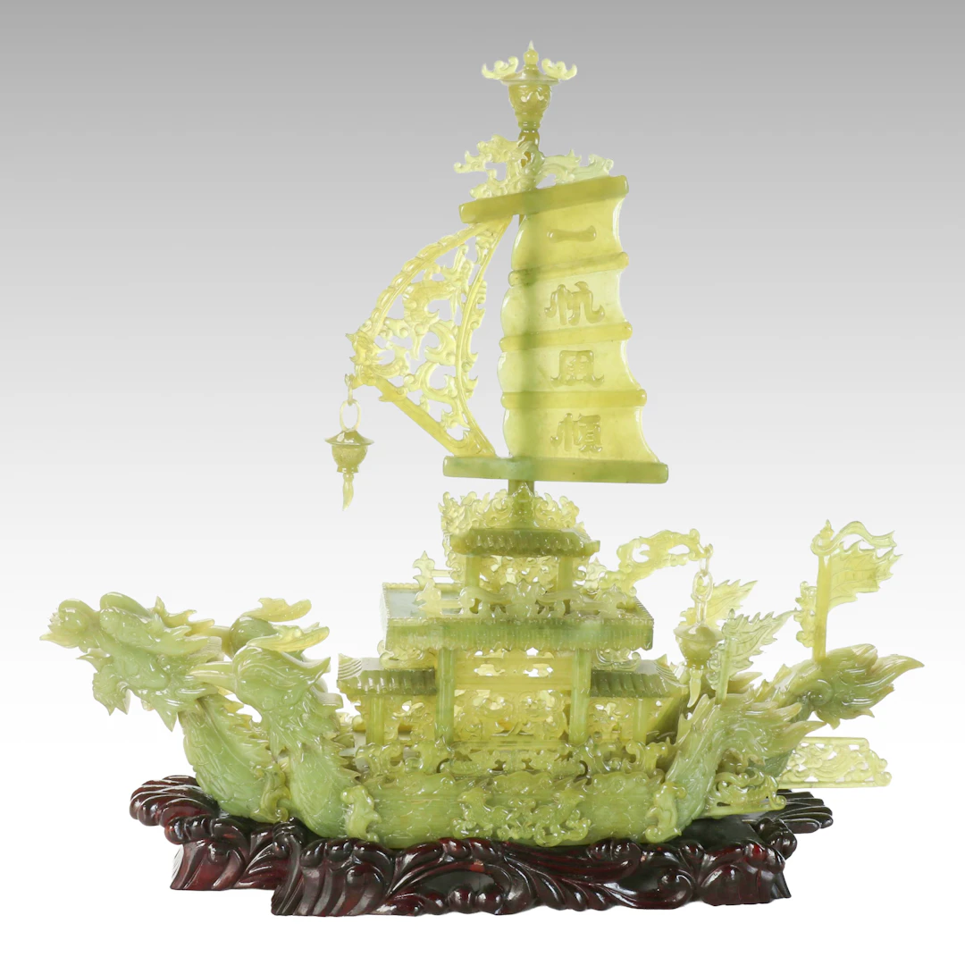 Chinese Hand-Carved Serpentine Dragon Boat on Wood Base