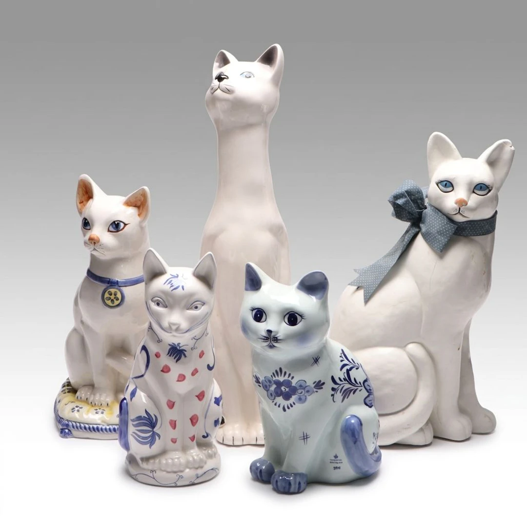 Delft with Other Cat Figurines and Décor, Late 20th Century