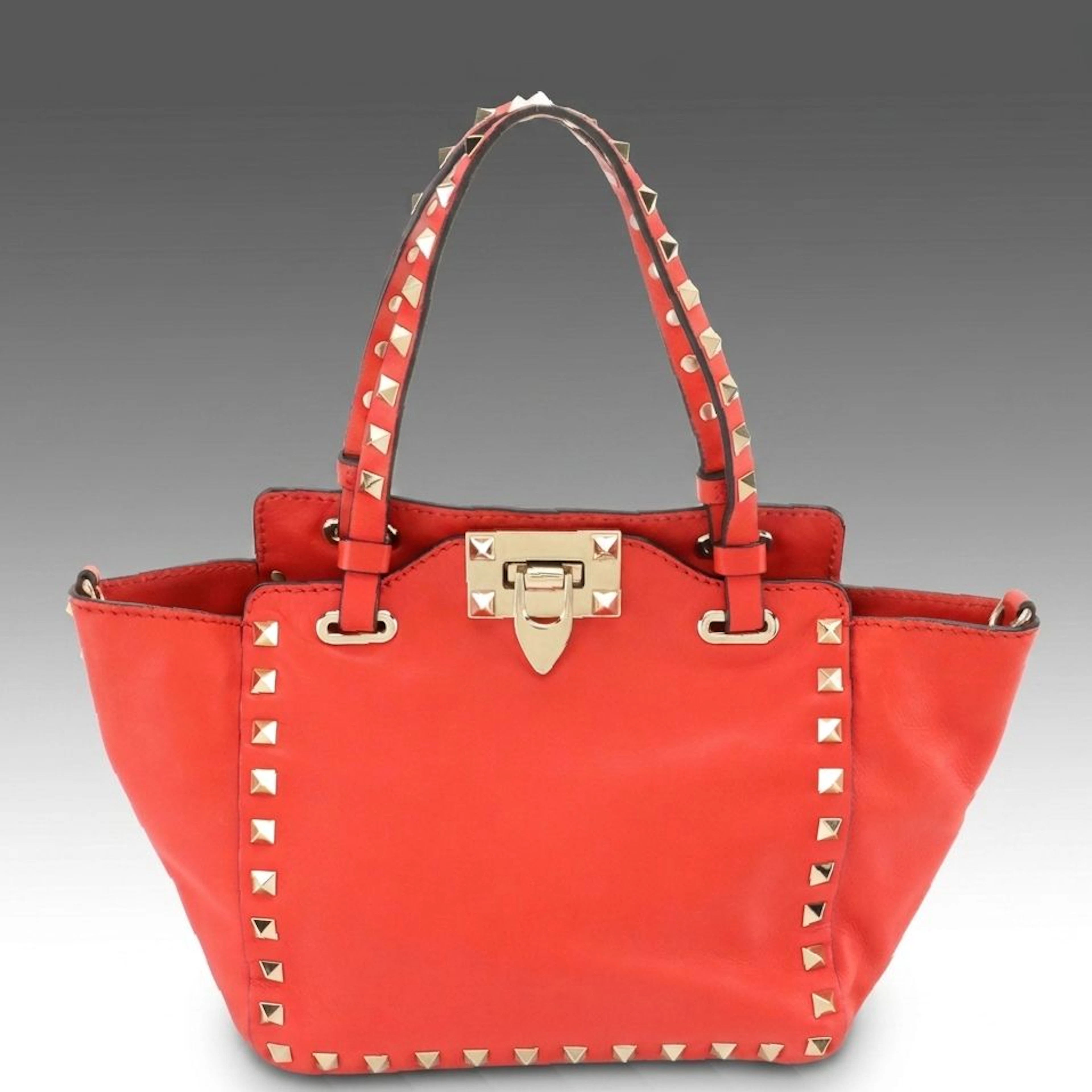 Valentino Garavani Red Leather Rockstud Small Two-Way Tote Bag