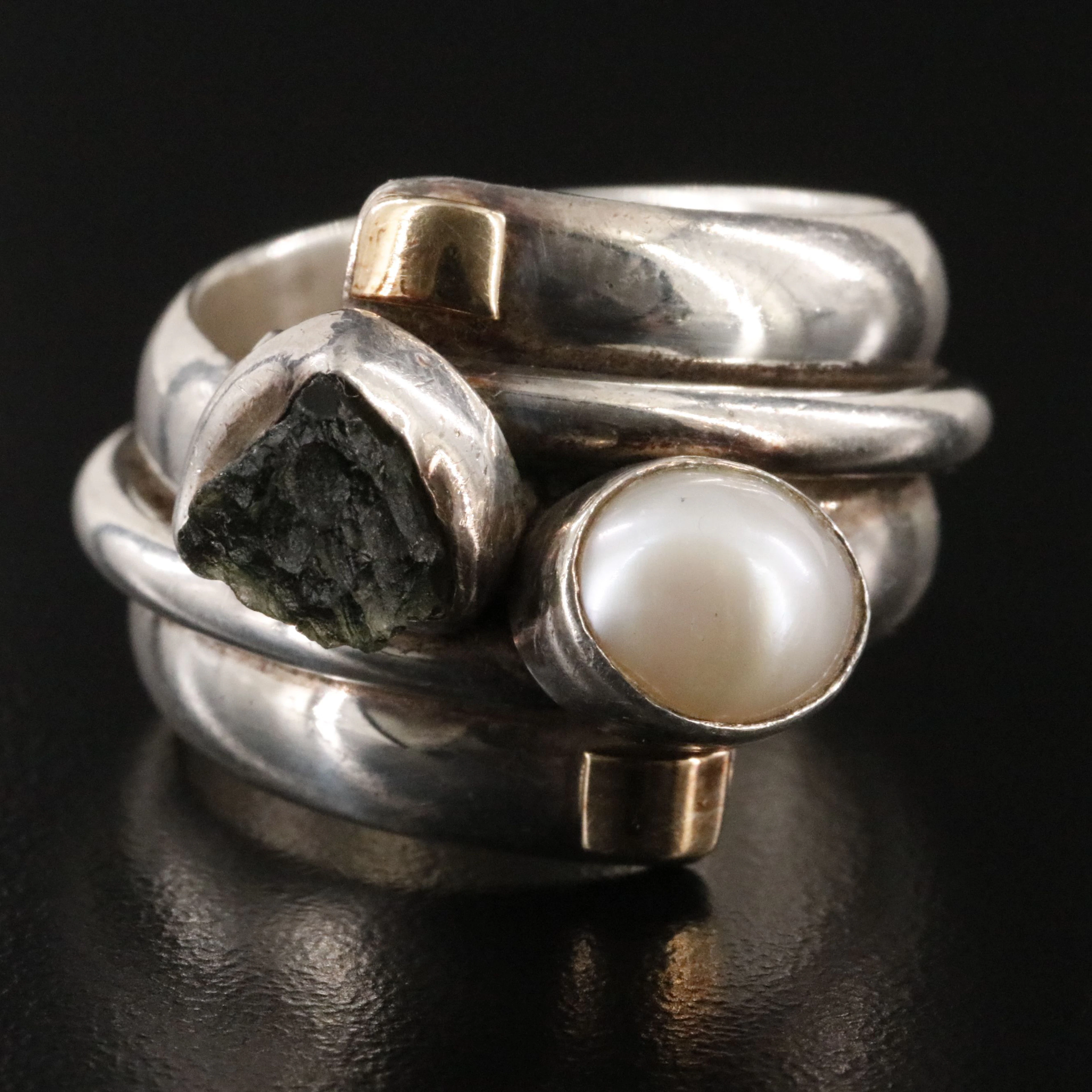 Lilly Barrack Sterling Moldavite and Pearl Bypass Ring with 14K Accents