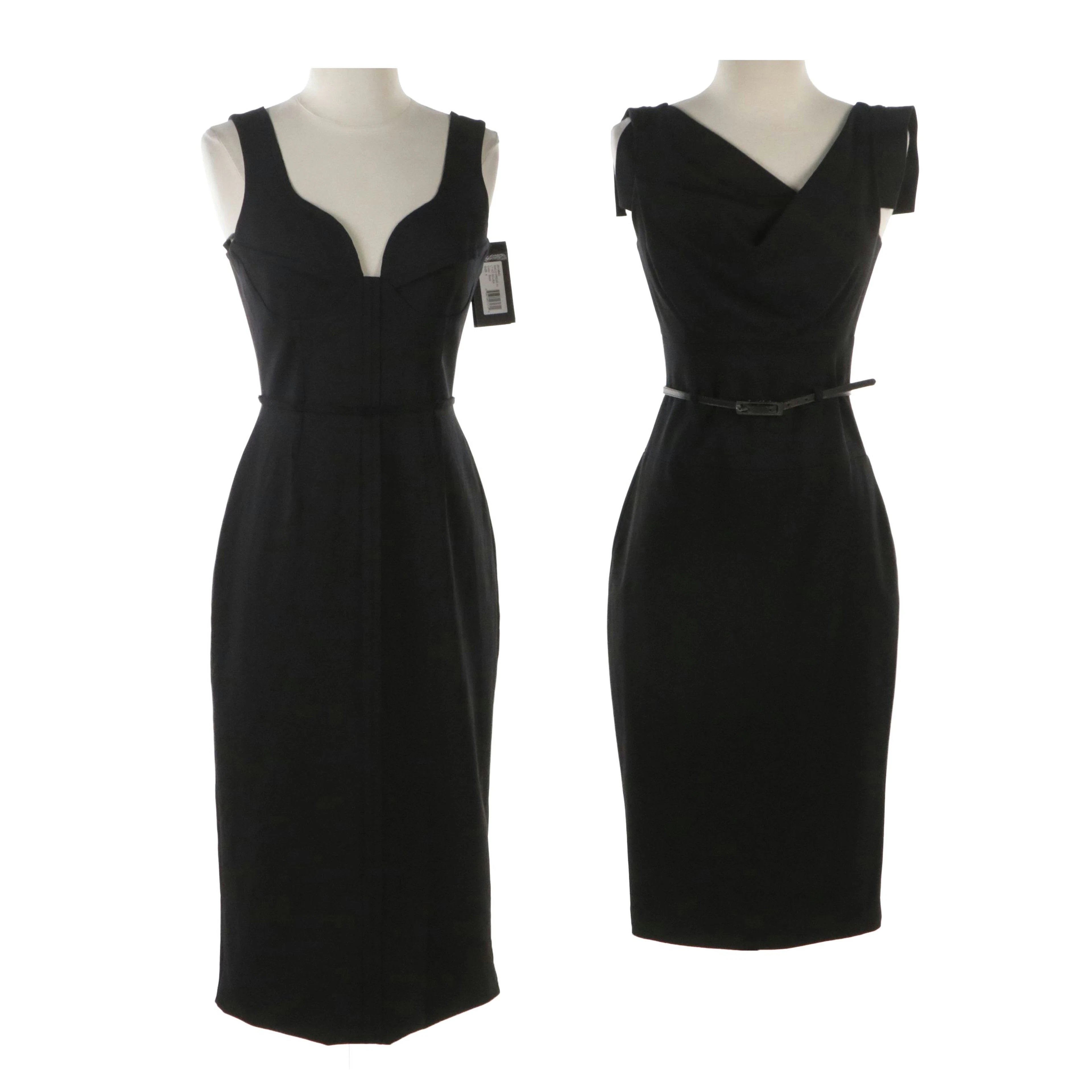 Halston Maco Black Scuba and Black Halo Belted Midi Dresses, New With Tags