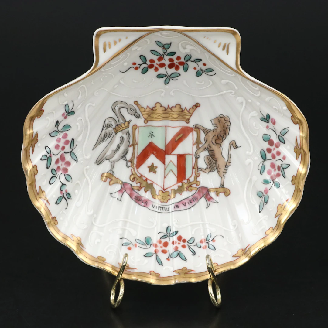 French Hand-Painted Armorial Porcelain Shell Dish on Brass Stand, Vintage
