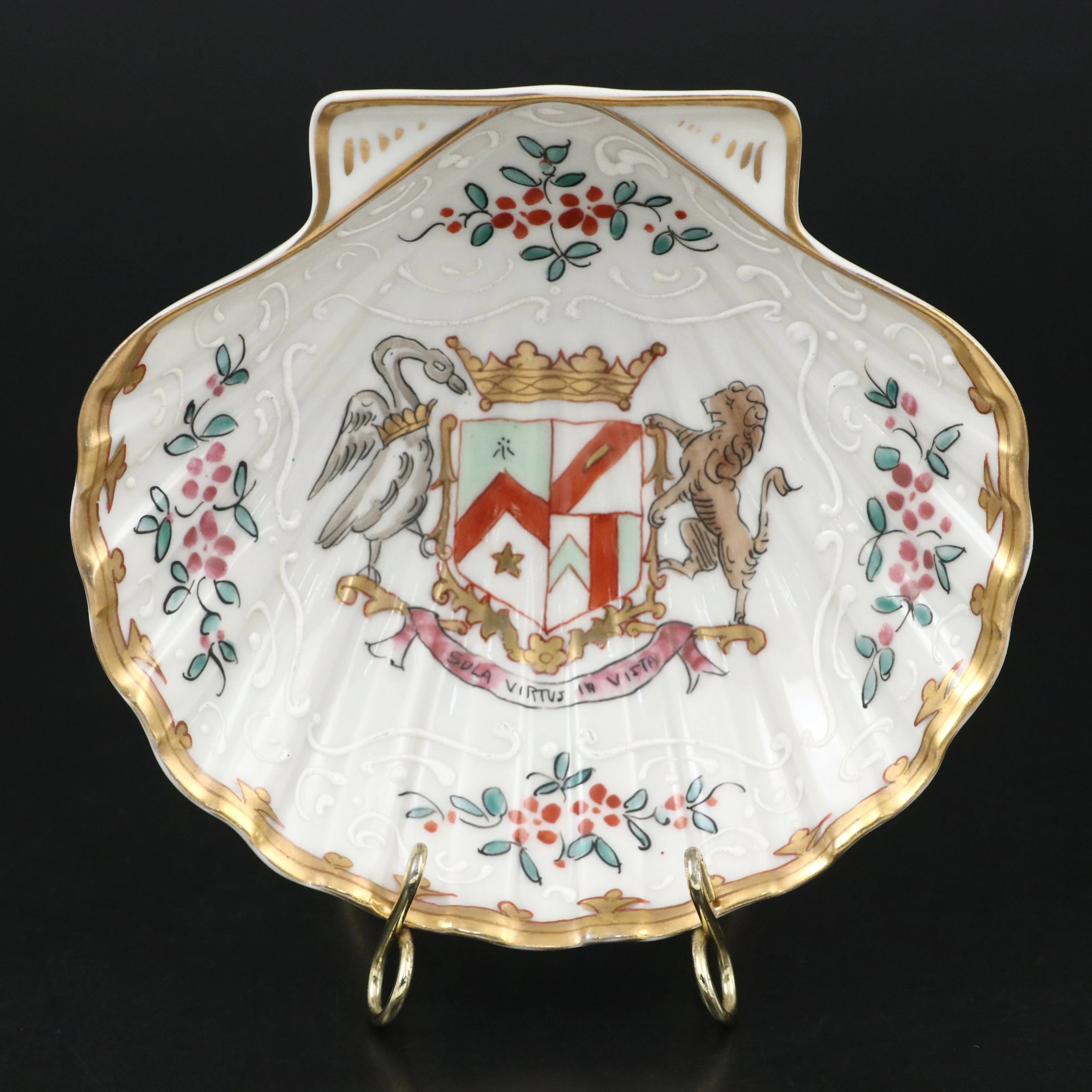French Hand-Painted Armorial Porcelain Shell Dish on Brass Stand, Vintage