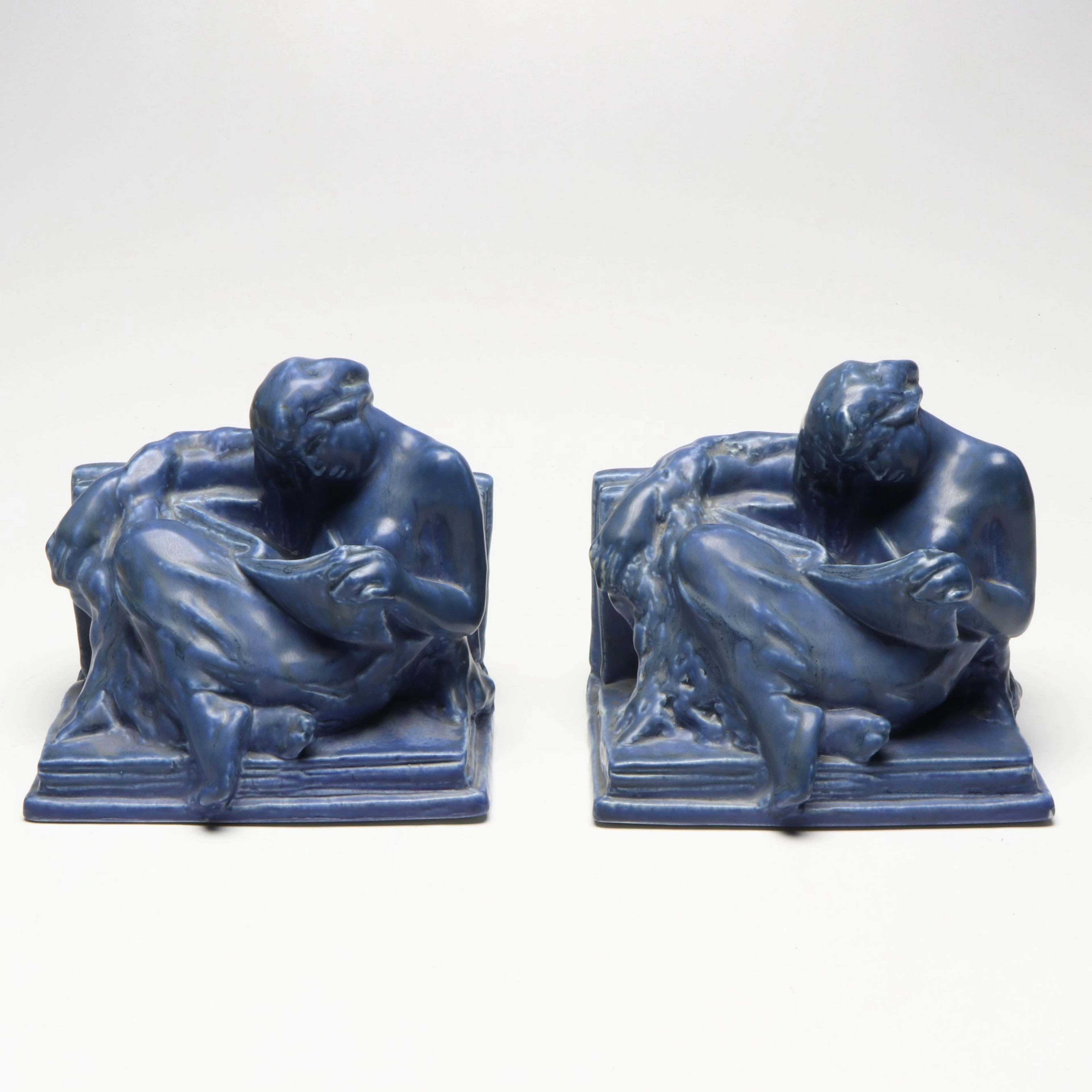 Rookwood Pottery "Enraptured Reader" Matte Blue Bookends, 1939