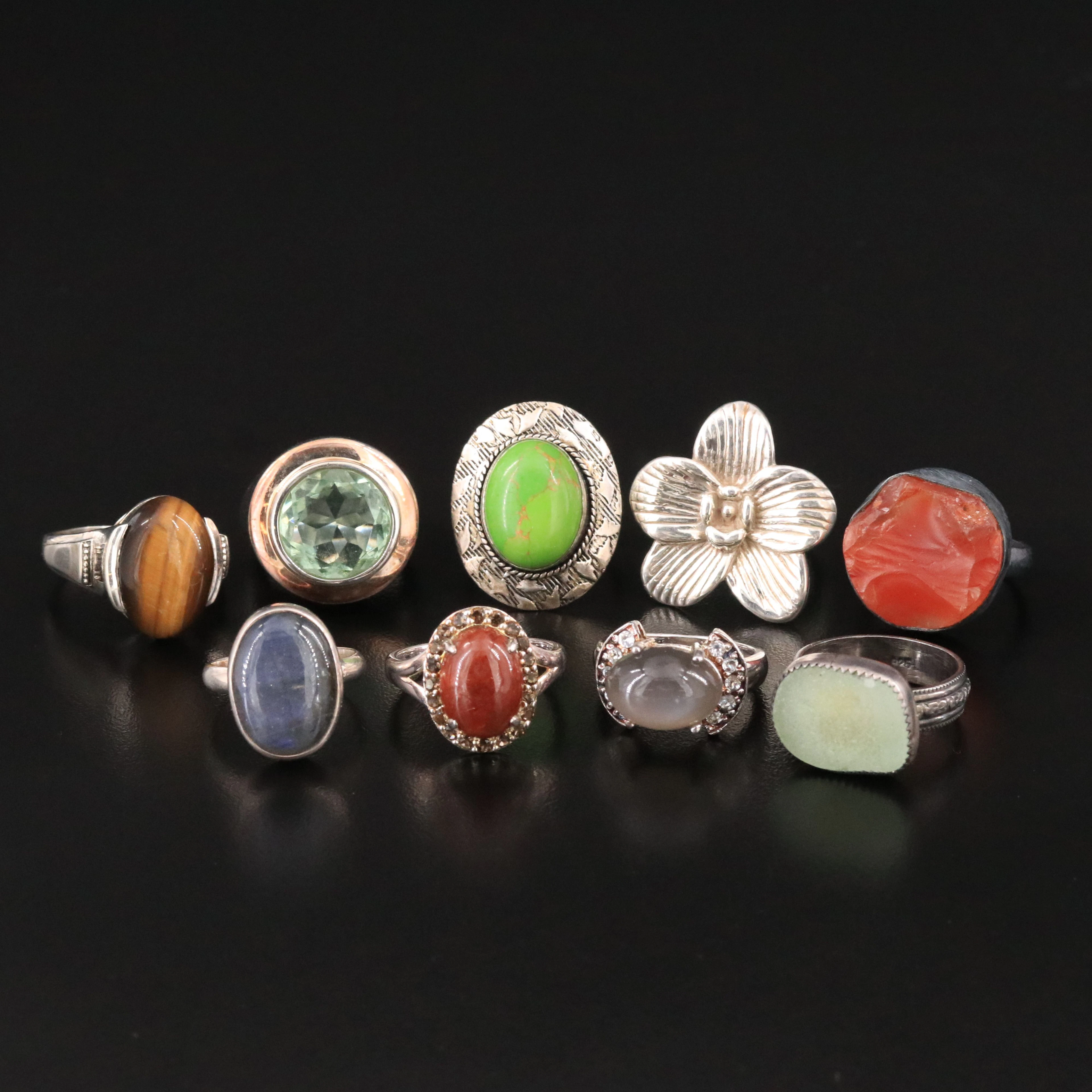 Labradorite, Prasiolite & Tiger's Eye Featured in Sterling and 900 Silver Rings
