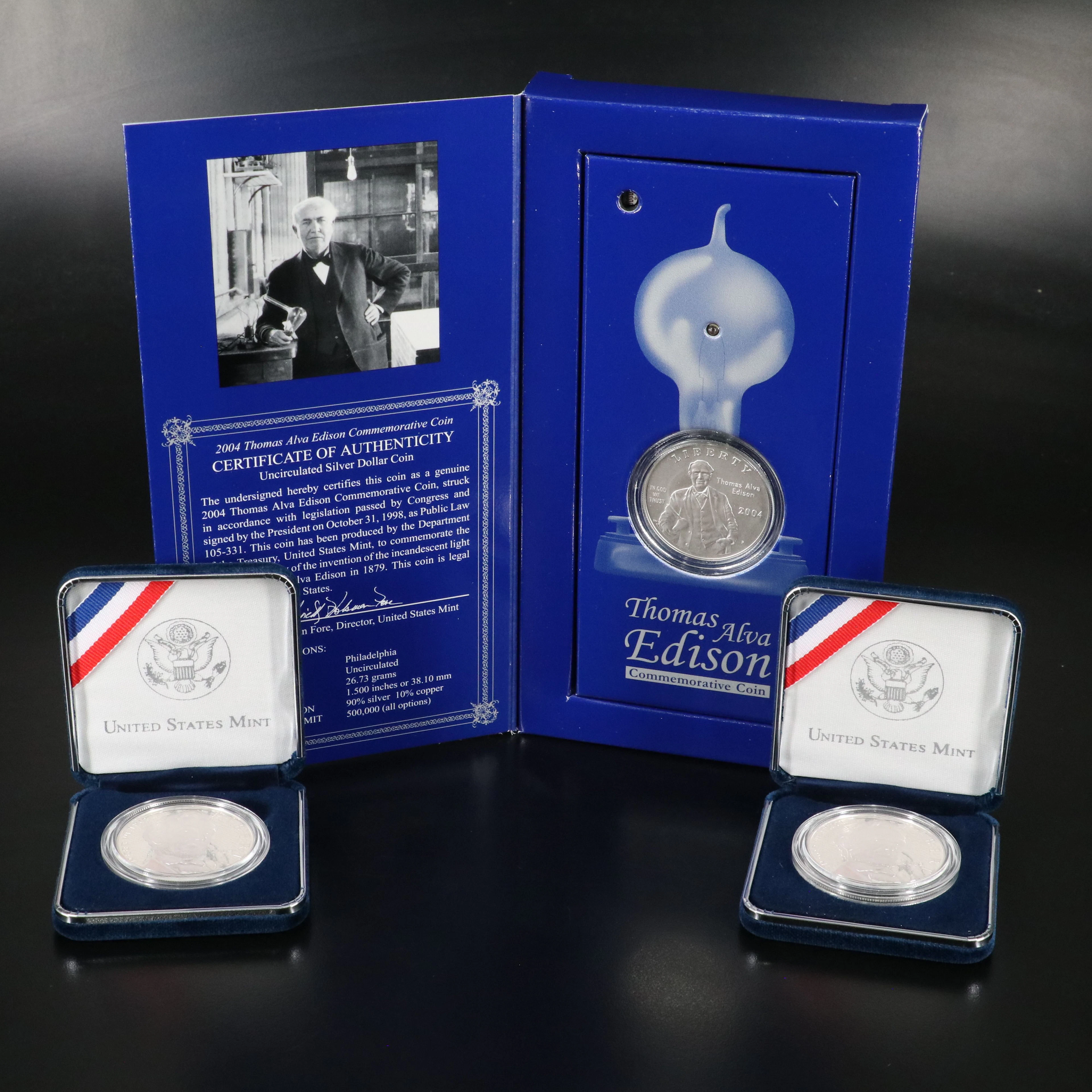 Three U.S. Modern Silver Dollars Including a Thomas Edison Commemorative Set