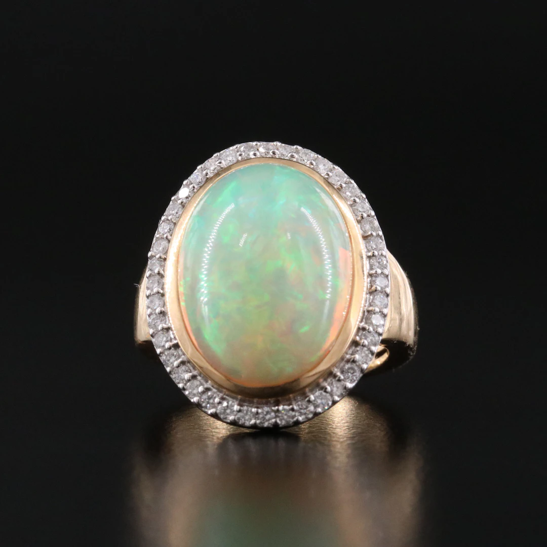 14K Opal and Diamond Halo Ring