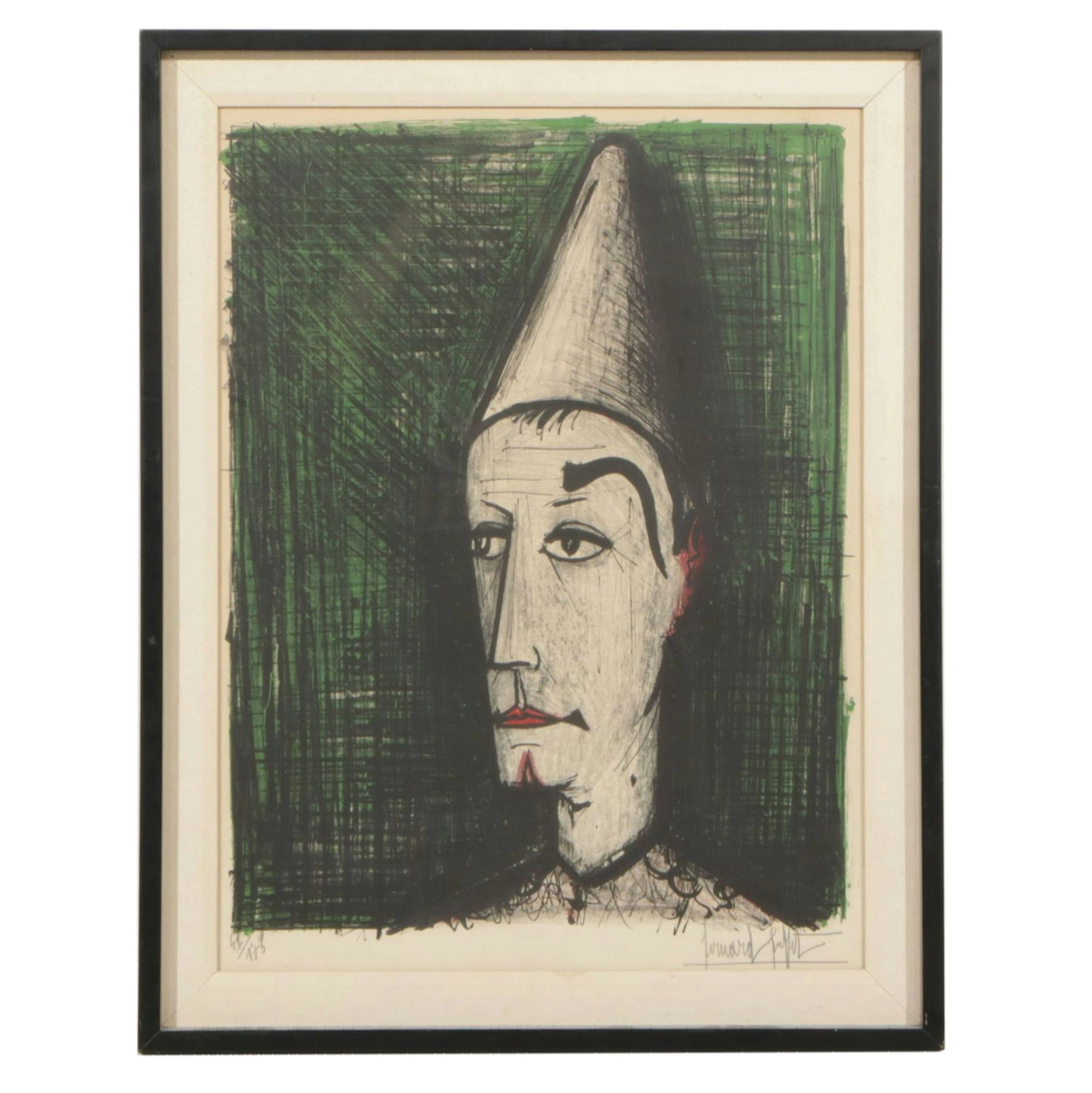 Bernard Buffet Color Lithograph "Le Clown au Fond Vert," 1964