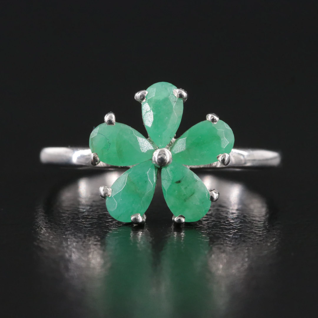 Sterling Emerald Flower Ring