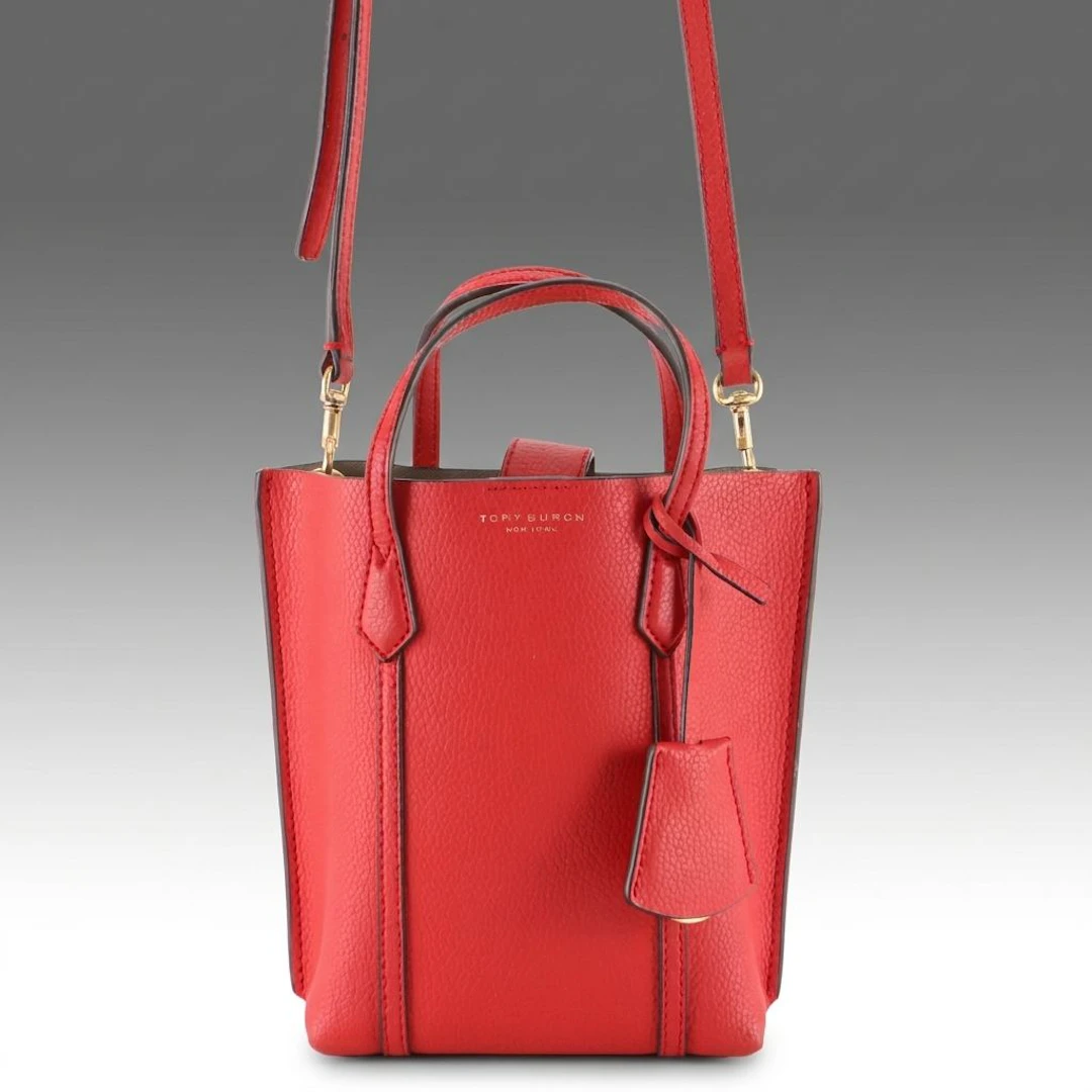 Tory Burch Red Calfskin Grain Leather Mini Perry Tote Bag