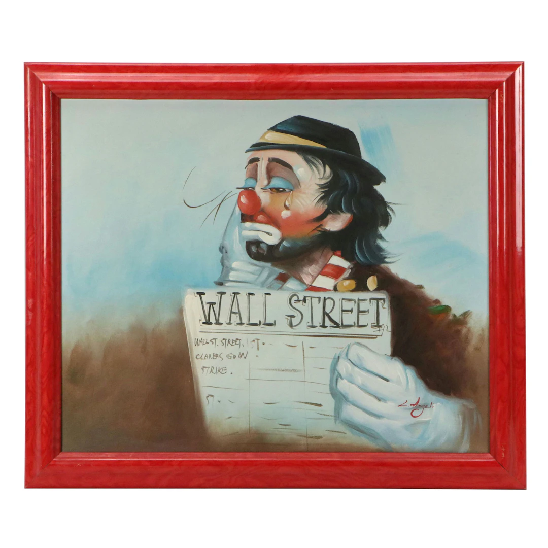 L. Angeli Oil Painting of Sad Clown Reading Newspaper, Late 20th Century