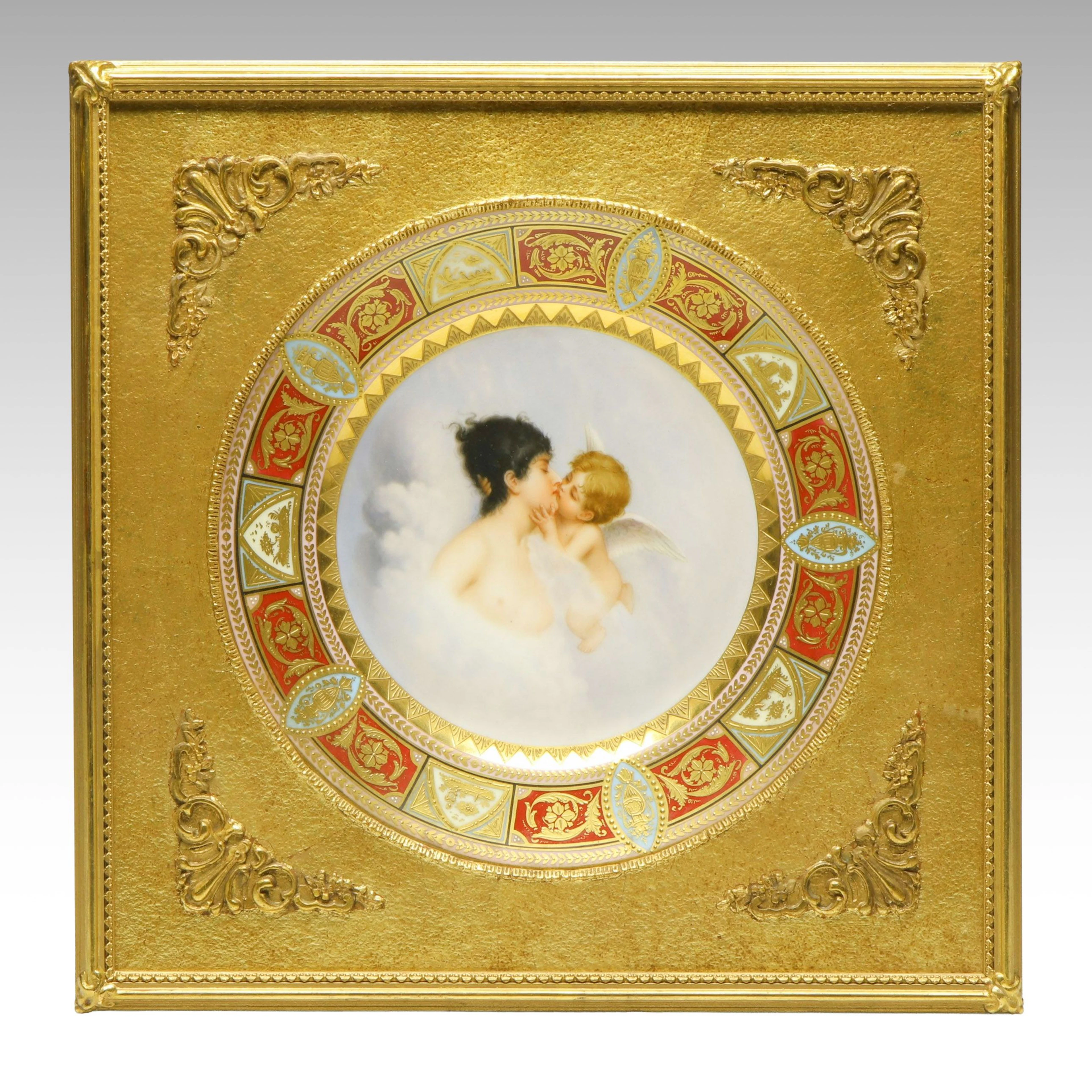 Royal Vienna Hand-Painted "Liebestraum" Porcelain Plate in Giltwood Frame