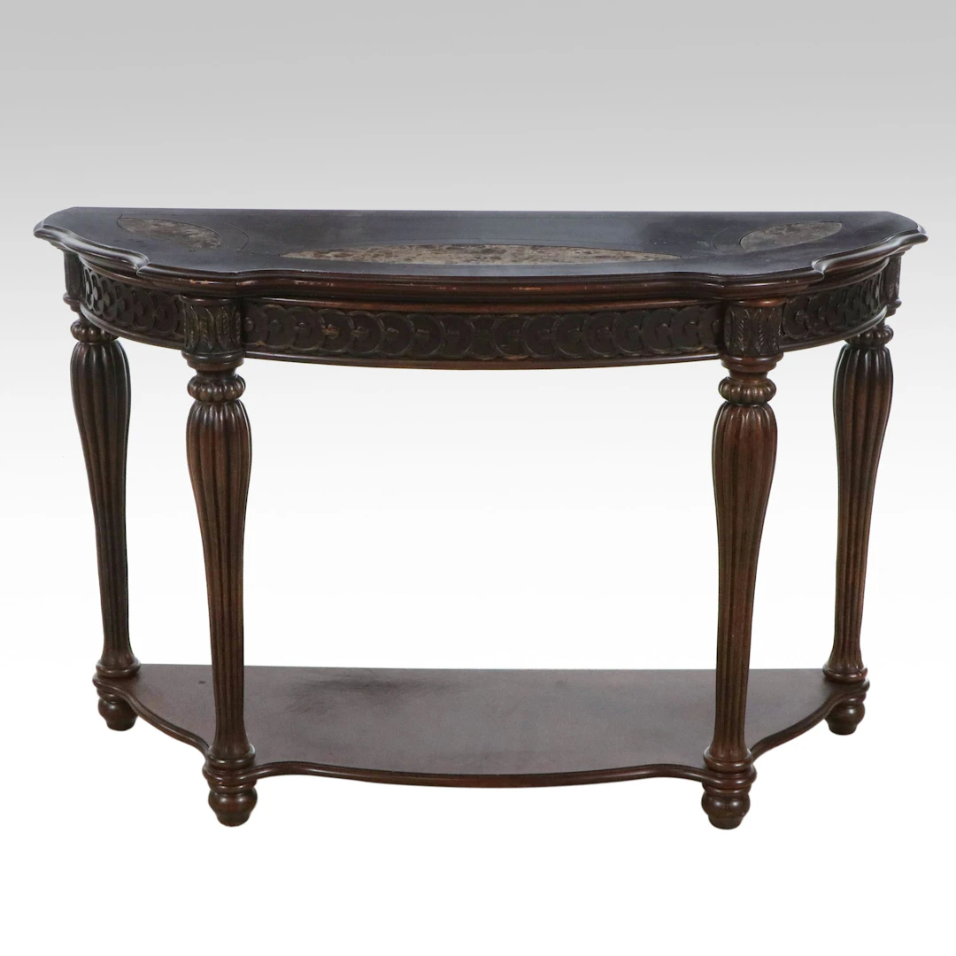 Neoclassical Style Demilune Console Table with Marble Inlay, Late 20th Century