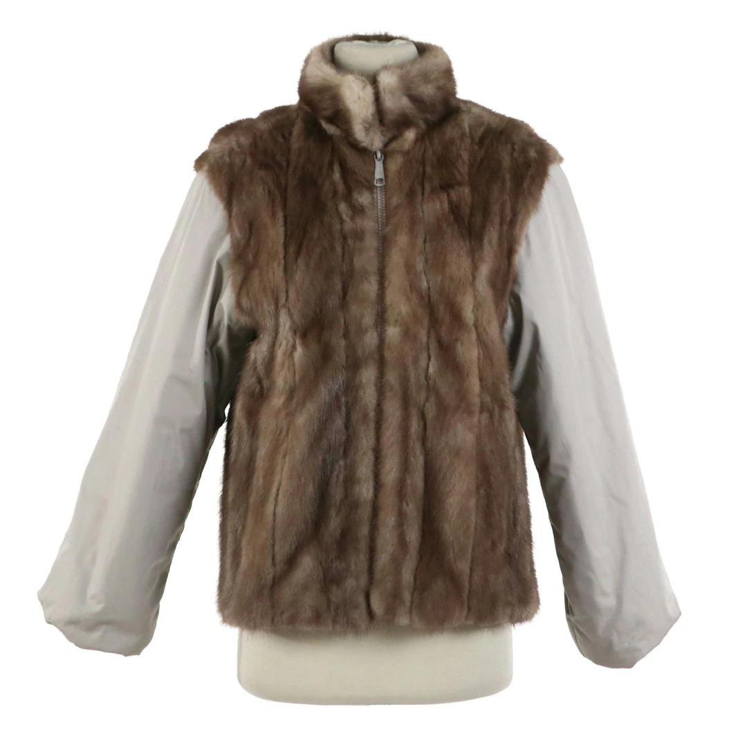 Reversible Mink Fur/Canvas Stand Collar Balloon Sleeve Zip Jacket