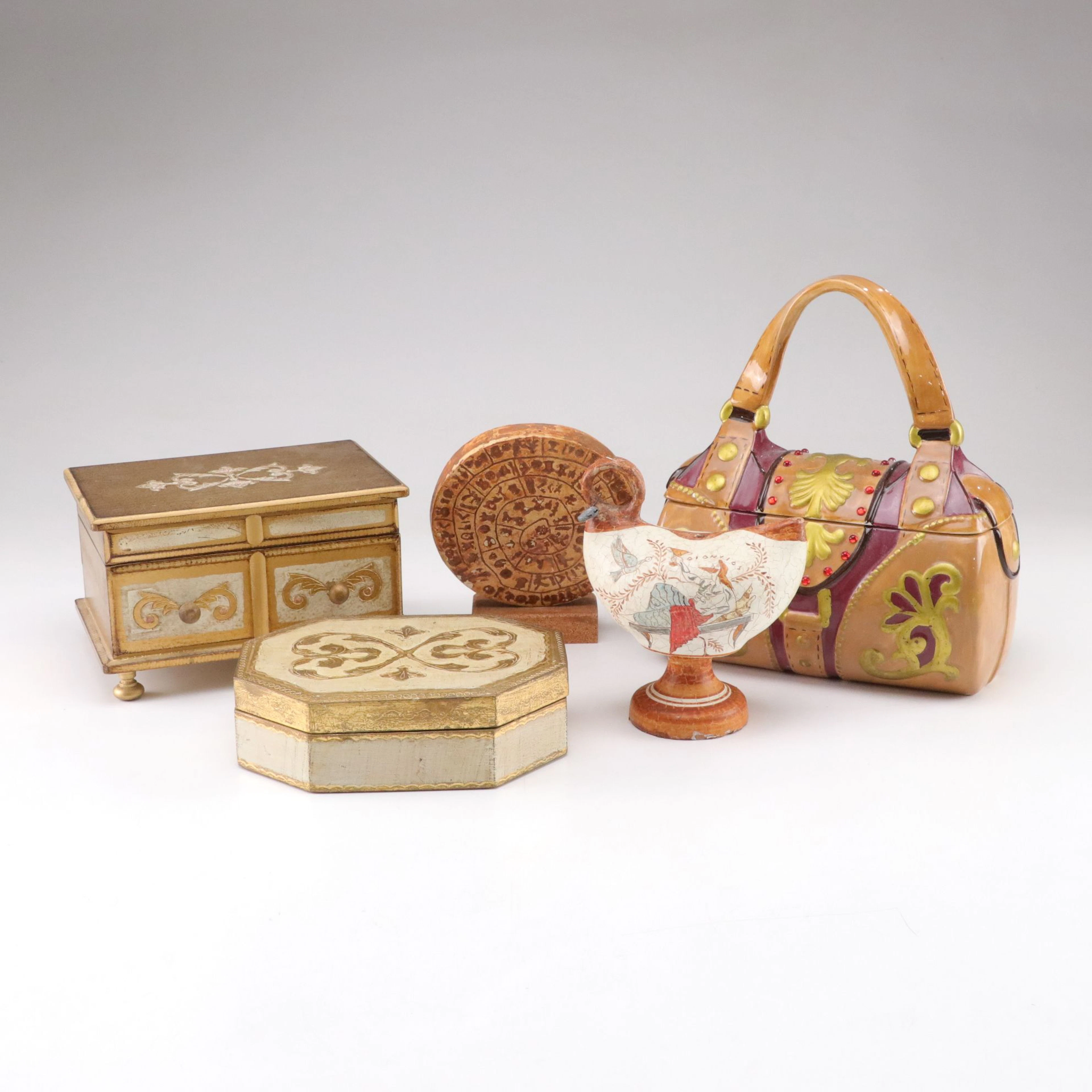 Florentine Style Jewelry Box, Greek Dionysos Pitcher, Purse Cookie Jar & More