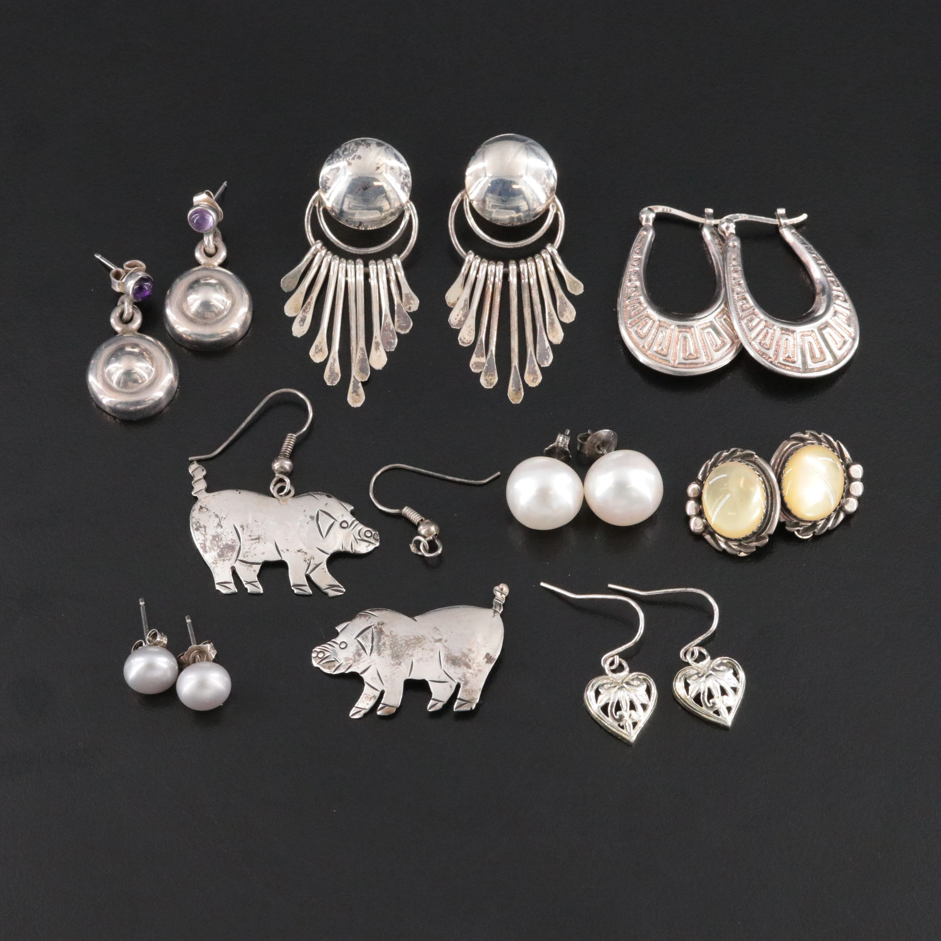 Fringe Earrings, Pearl and Mother-of-Pearl Featured in Sterling Earrings