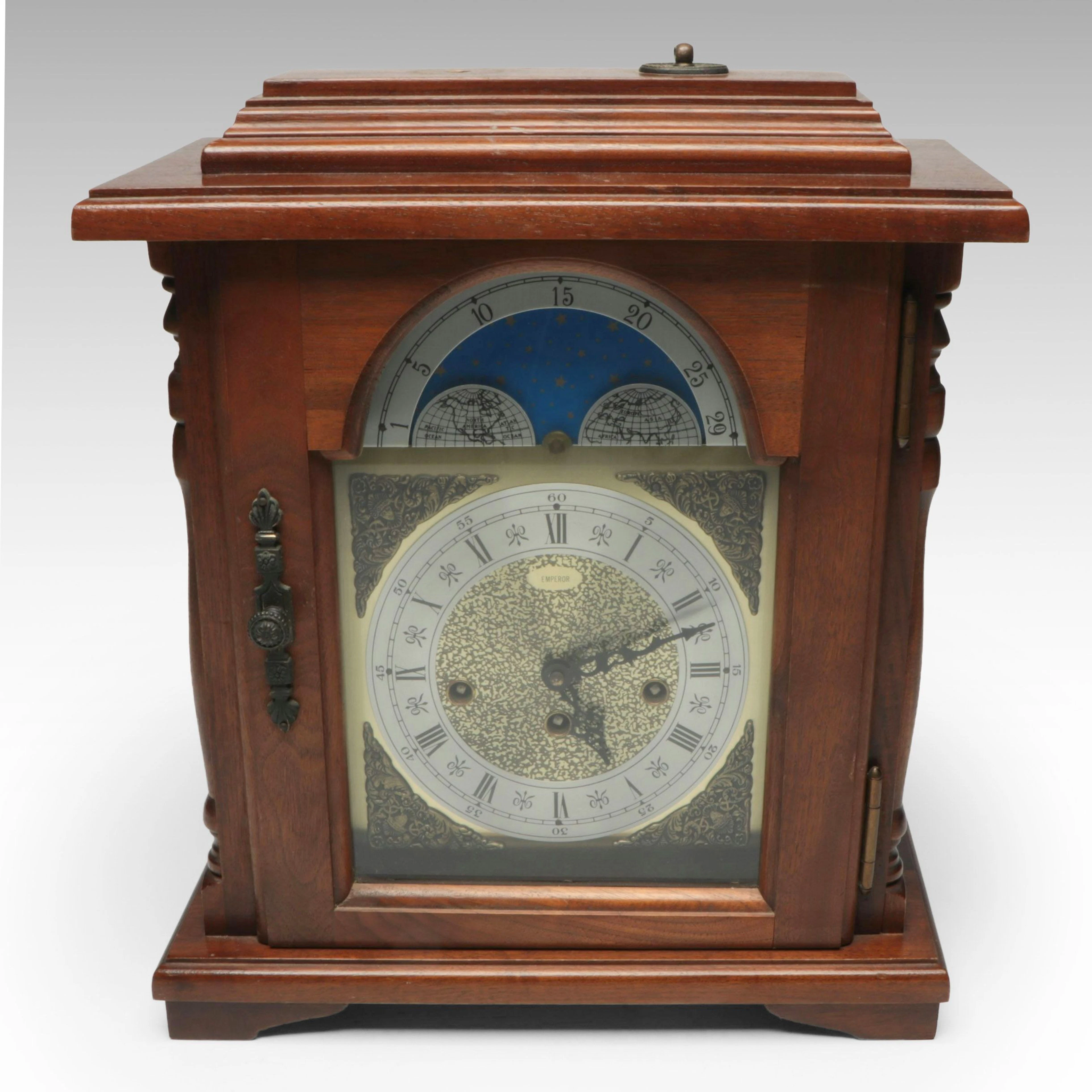 Emperor Clock Co. Moon Phase Wooden Mantel Clock, Late 20th C.