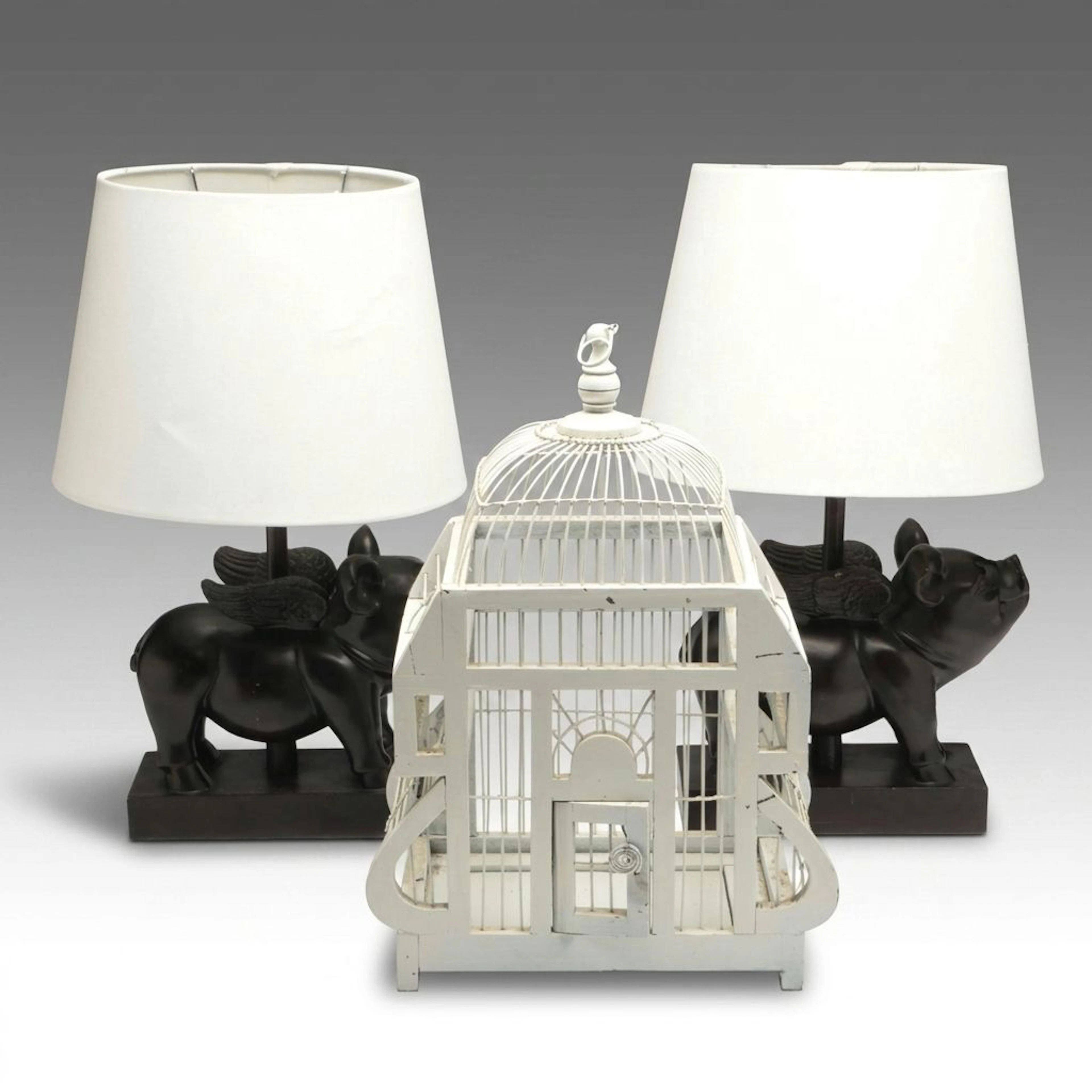 Flying Pig Accent Lamps with Victorian Style Birdcage, 21st Century