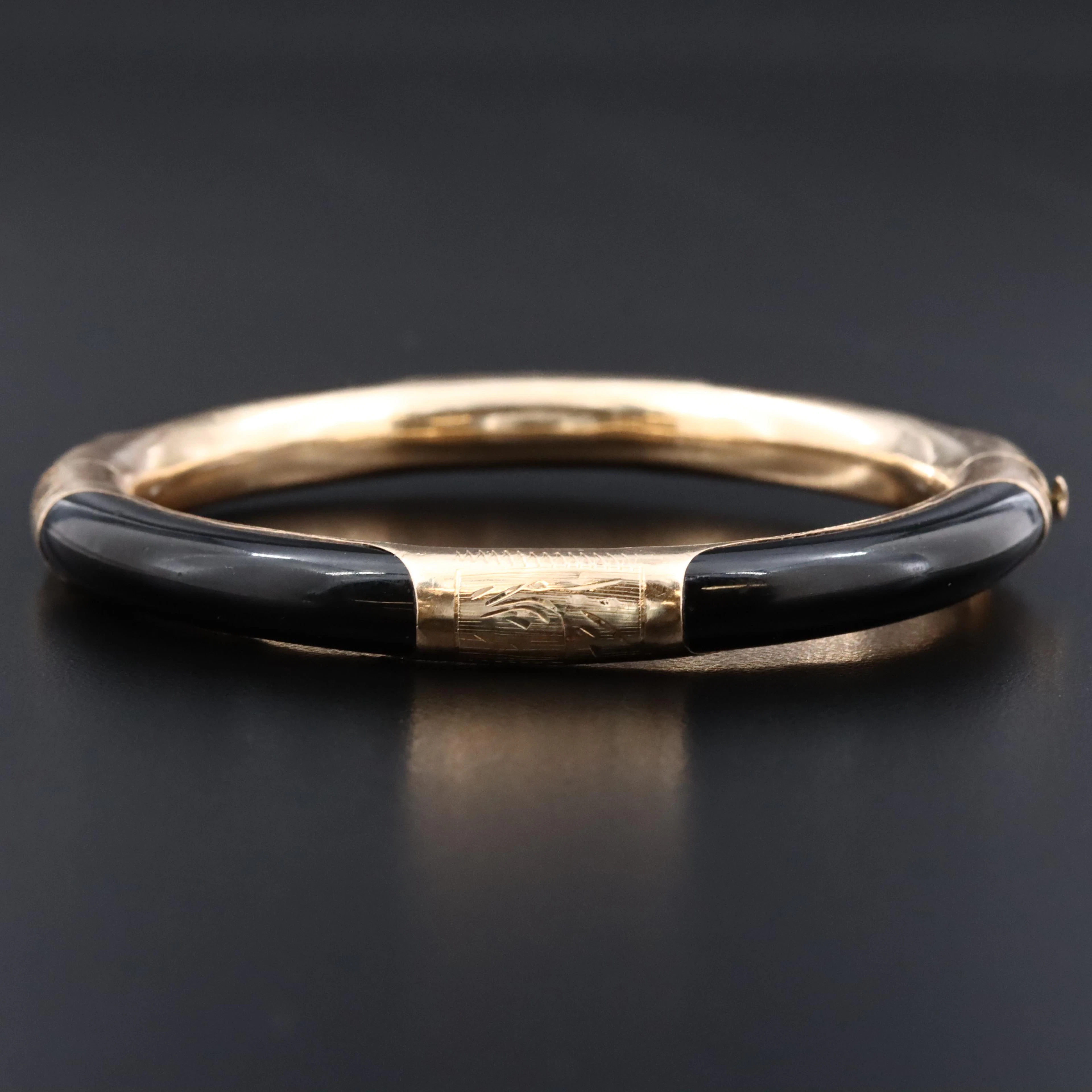 14K and Obsidian Hinged Bangle Bracelet