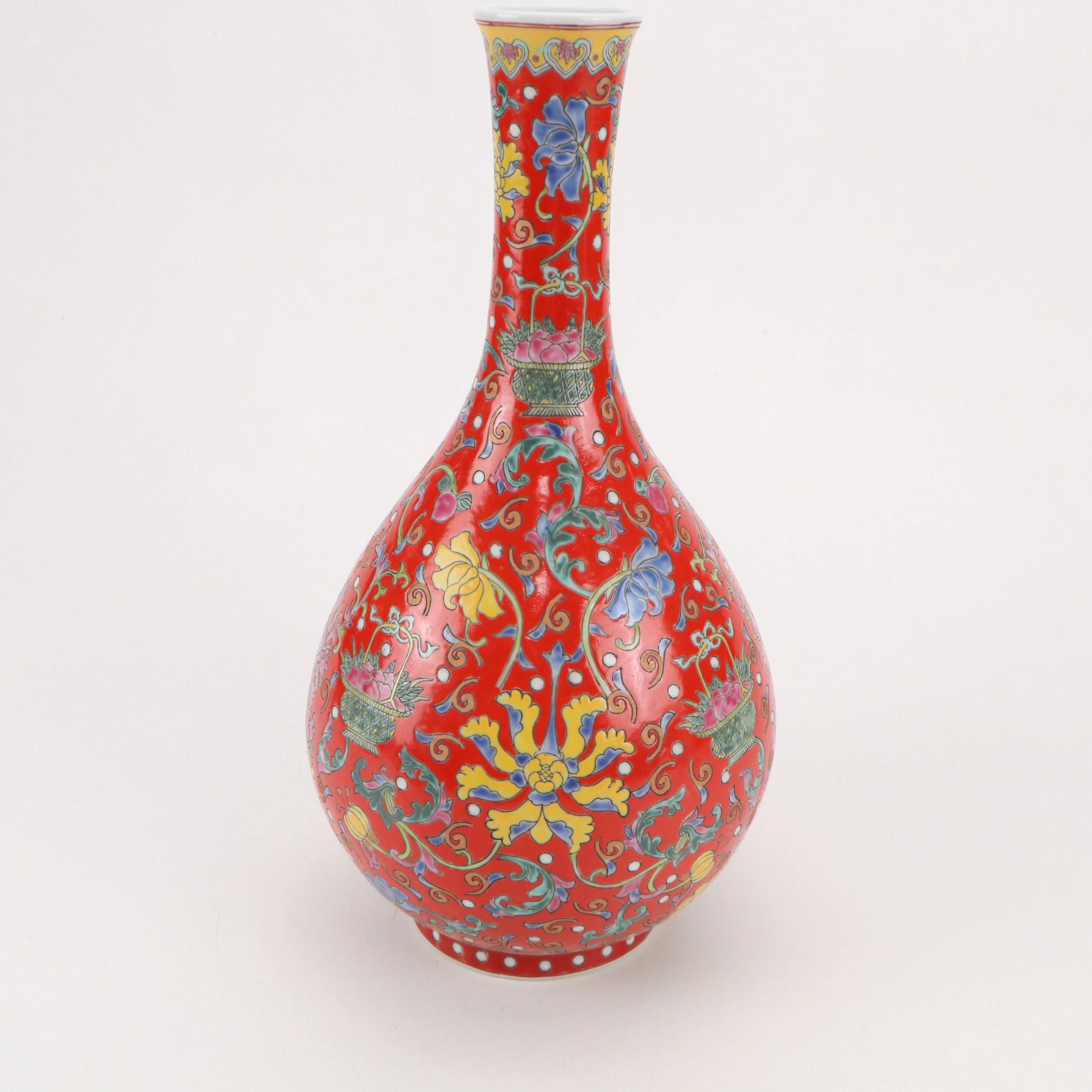 Chinese Red-Ground Yangcai Bottle Vase