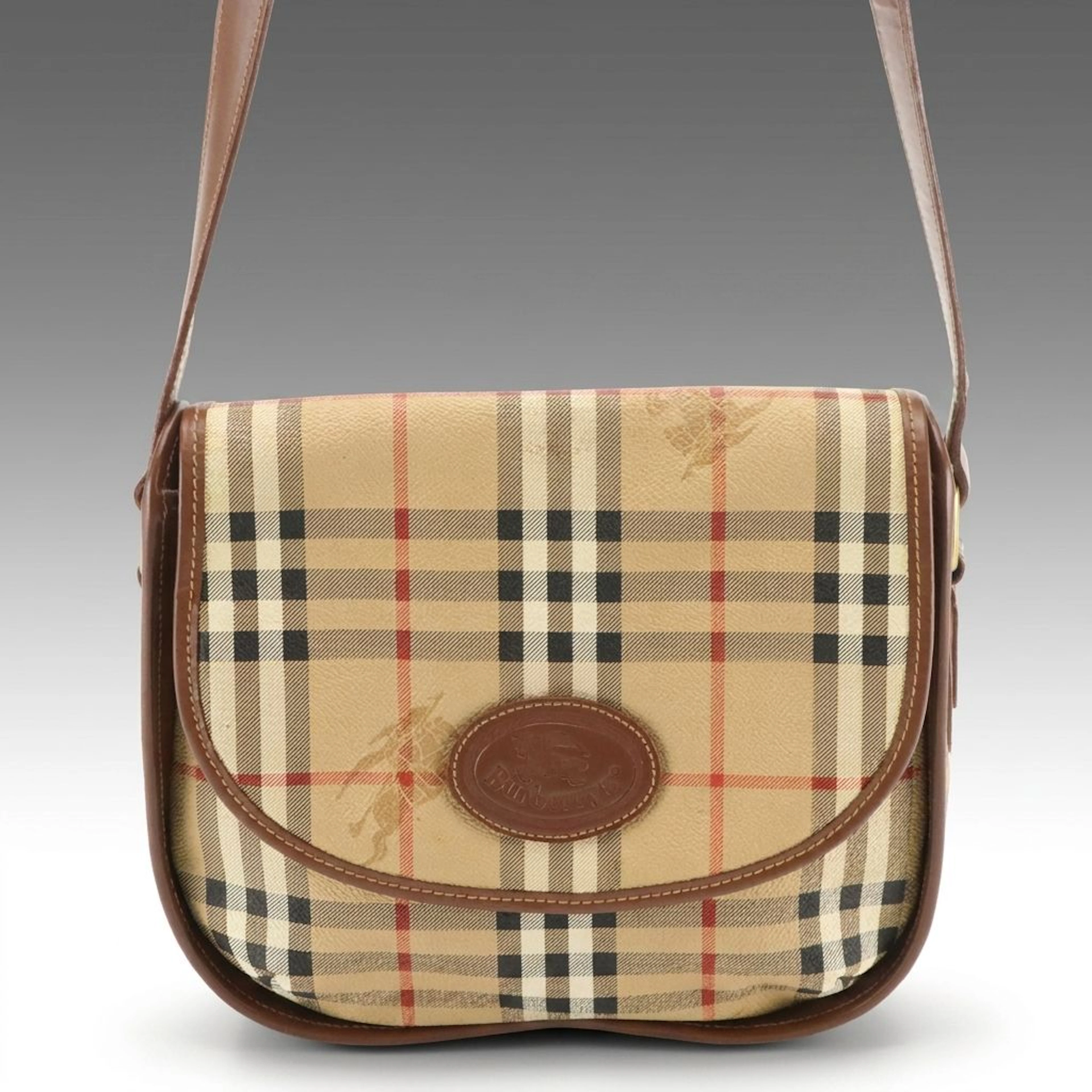 Burberry Flap Crossbody Bag in Haymarket Coated Canvas and Brown Leather Trim