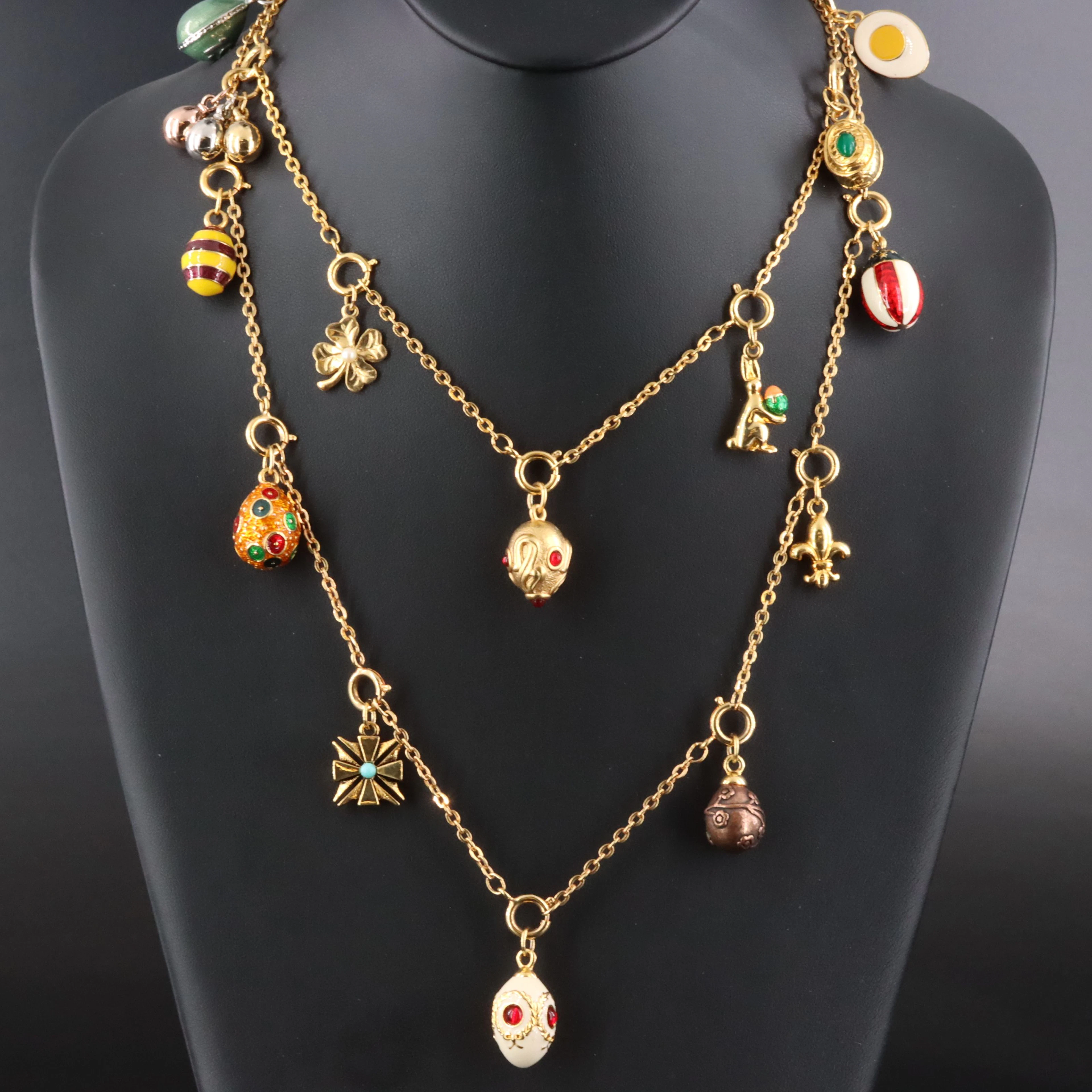 Enamel, Rhinestone & Glass Egg Charm Necklace Attributed to Joan Rivers