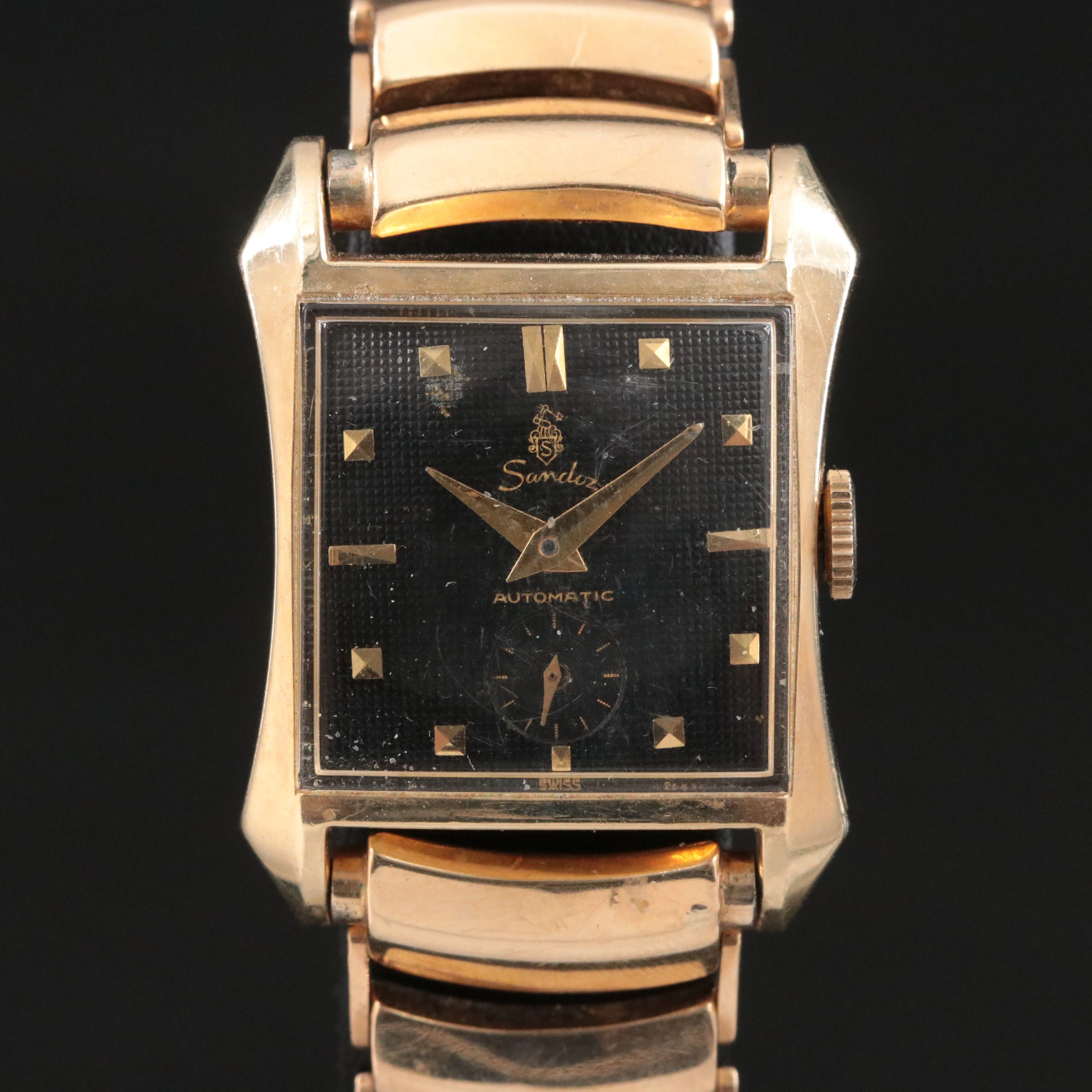 Sandoz Gold-Filled Black Dial Tank Watch with 14K Band