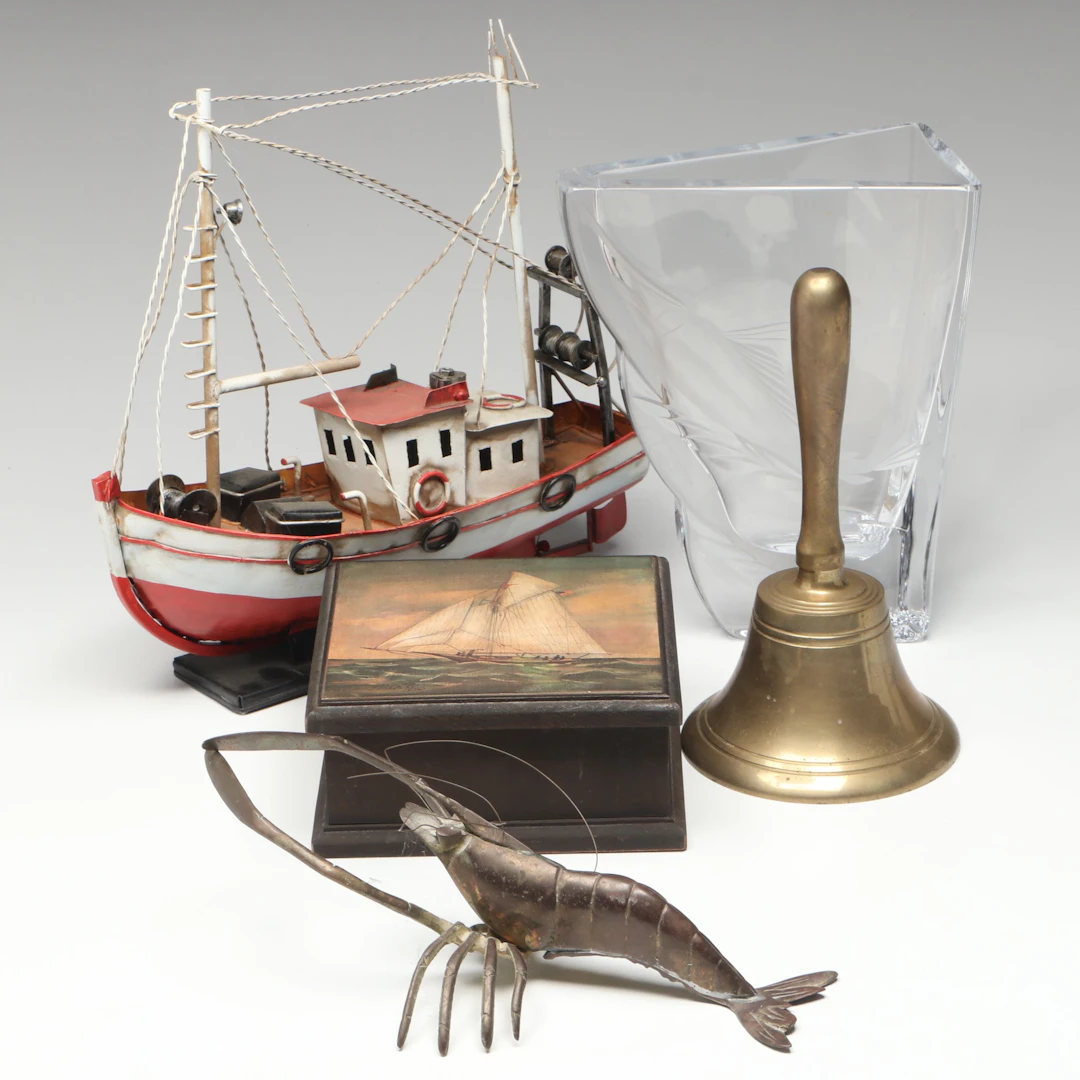 Metal Boat with Brass Bell and Other Nautical-Themed Décor, Mid to Late 20th C.