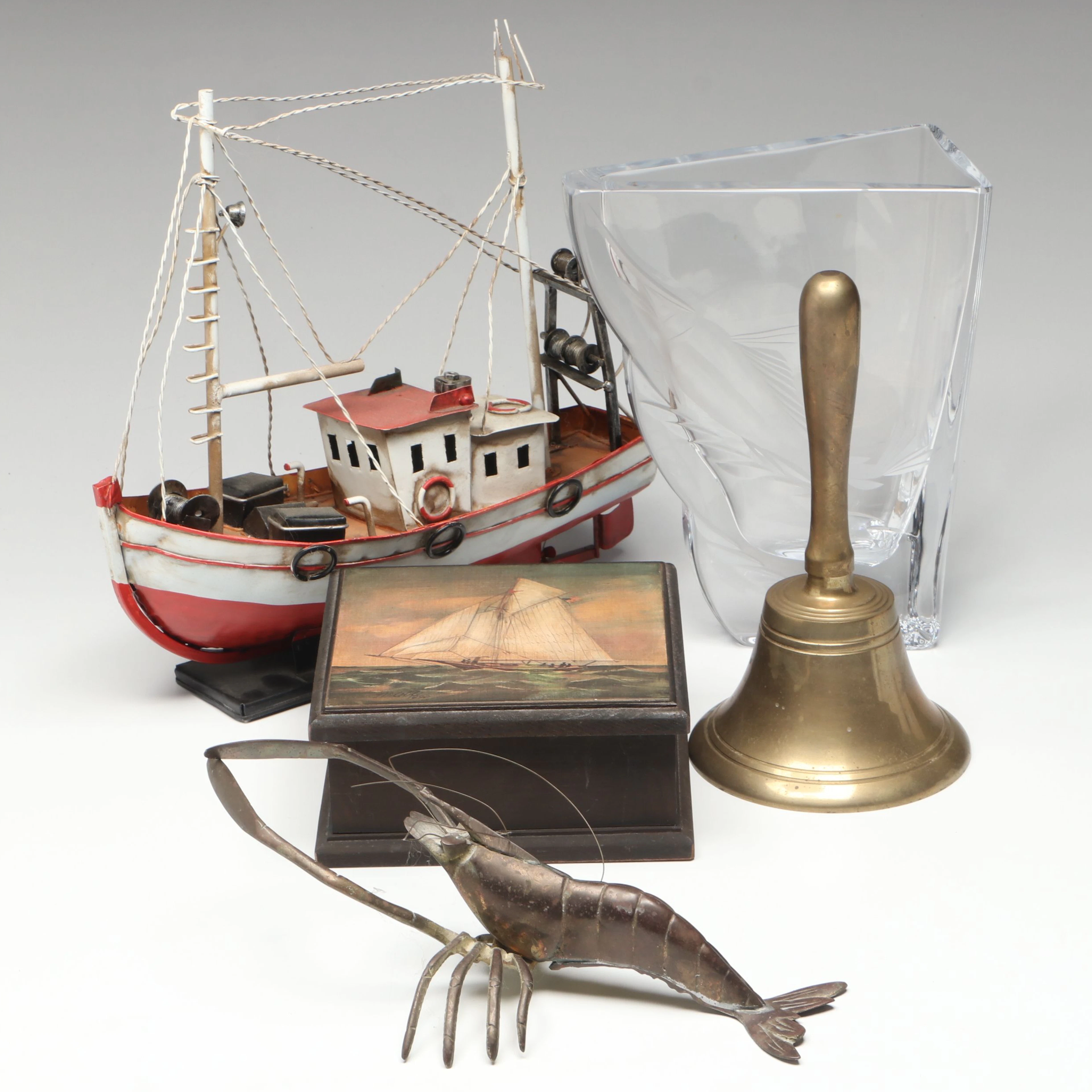 Metal Boat with Brass Bell and Other Nautical-Themed Décor, Mid to Late 20th C.